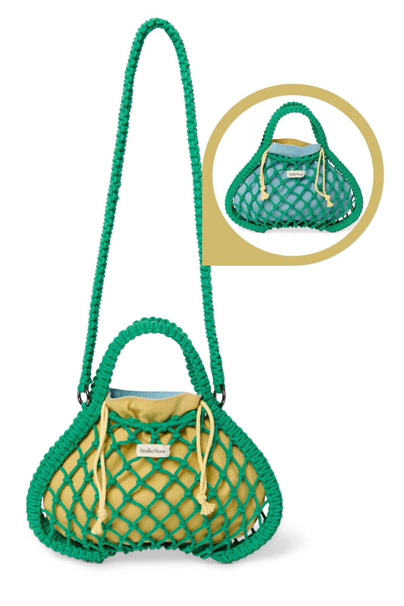 Studio Noos - Tasche Mini Macrame Grün mit Inlay Blau-Gelb – Ansicht 1 von 5
