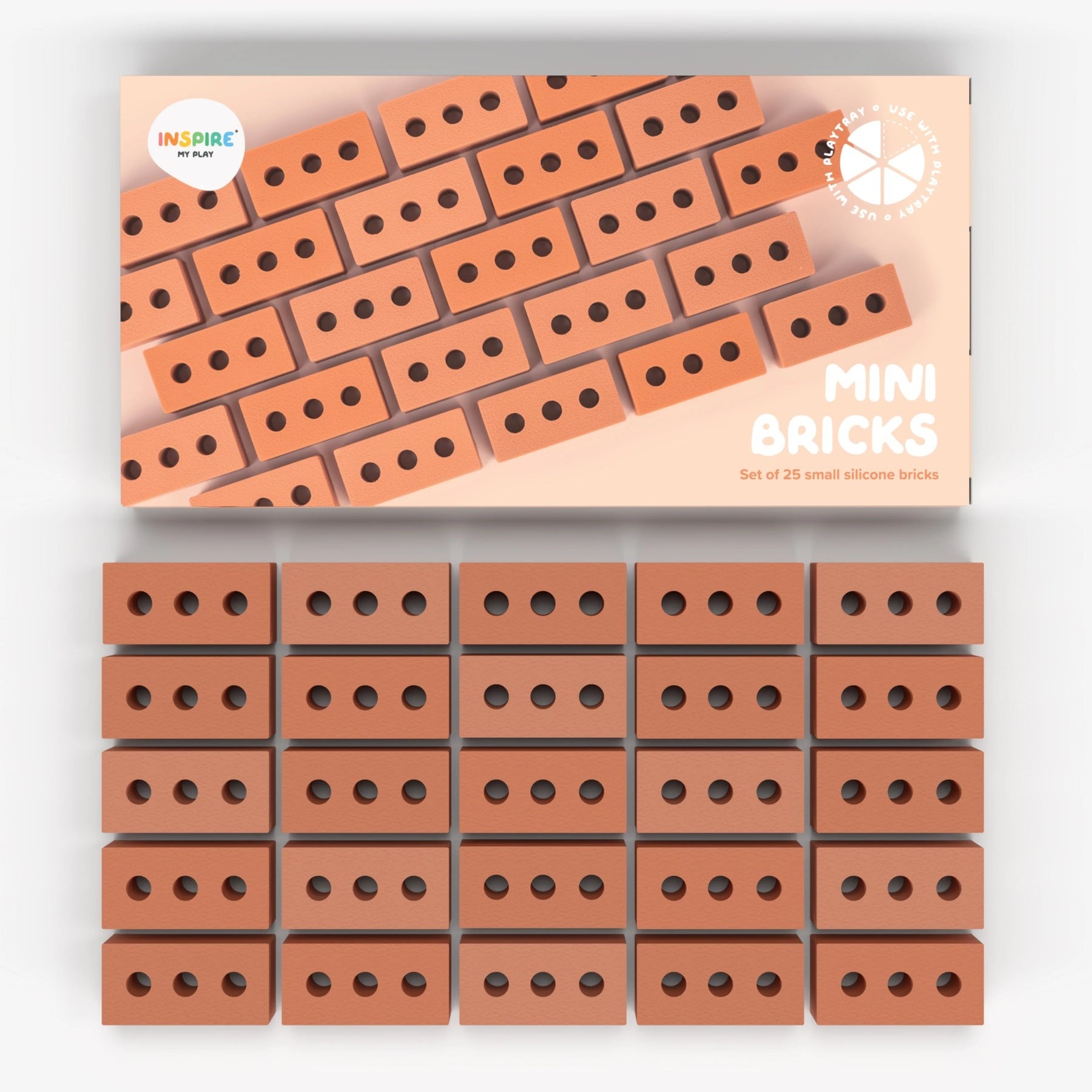 Inspire My Play, Mini Bricks, 25er-Set, terrakottafarbene Silikon-Bausteine, Miniatur-Ziegel, Sensorikspielzeug, Montessori, haptisches Lernen, Konstruktionsspielzeug, kreatives Bauen, kindgerecht, Silikon, langlebig.