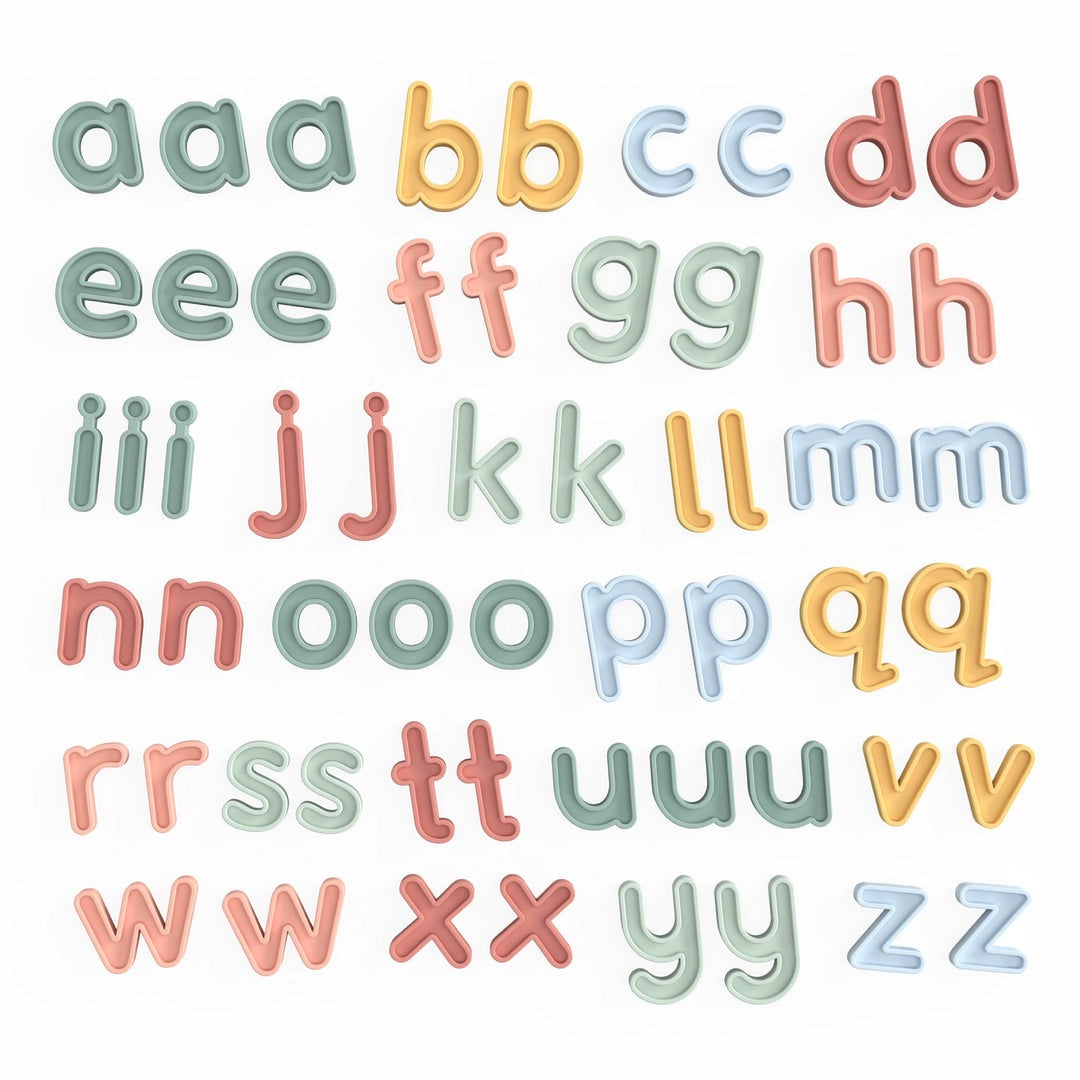 Sensorikspielzeug, Kleinbuchstaben, 57-teilig, Silikon, Pastellfarben, haptisches Lernen, Montessori, Alphabet, Schreiben lernen, Vorschule, bunte Buchstaben, kindgerecht, langlebig, Bildungsressource, Lernspielzeug.