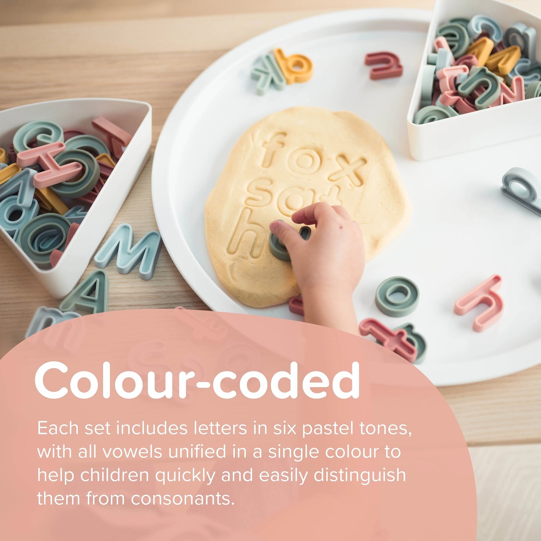 Sensorikspielzeug, Buchstaben, Silikon, farbkodiert, haptisches Lernen, Knetspiel, Montessori, Alphabet, Pastellfarben, kindgerecht, robust, langlebig, Bildungsressource, Lernspielzeug, Feinmotorik, Vokale, Konsonanten.