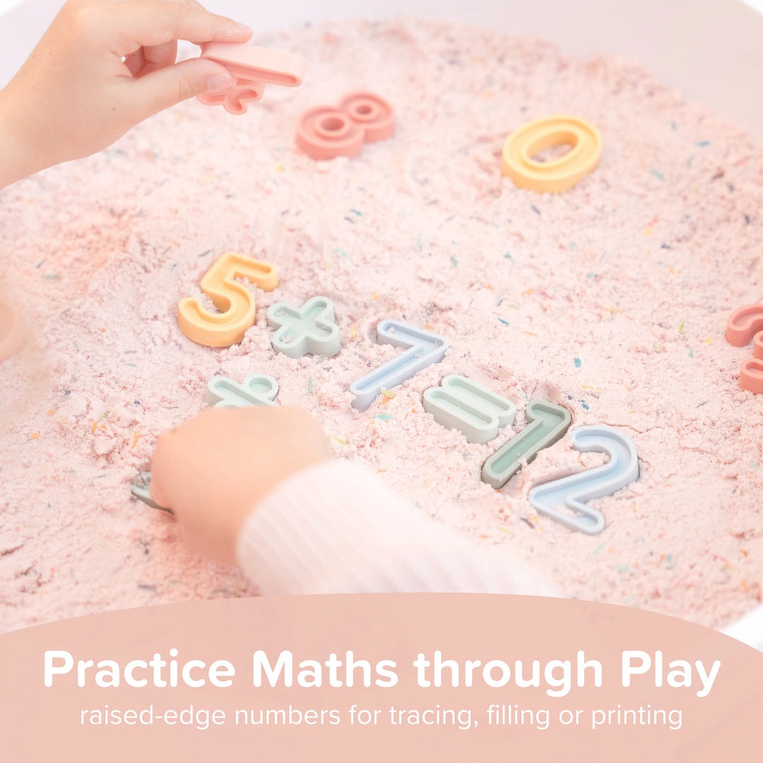 Sensorikspielzeug, Zahlen, Rechenzeichen, Silikon, mathematisches Lernen, Montessori, haptisch, Rechnen, Zählen, Pastellfarben, Vorschule, Bildungsressource, Lernspiel, Sandspiel, Feinmotorik, Kinderspielzeug.