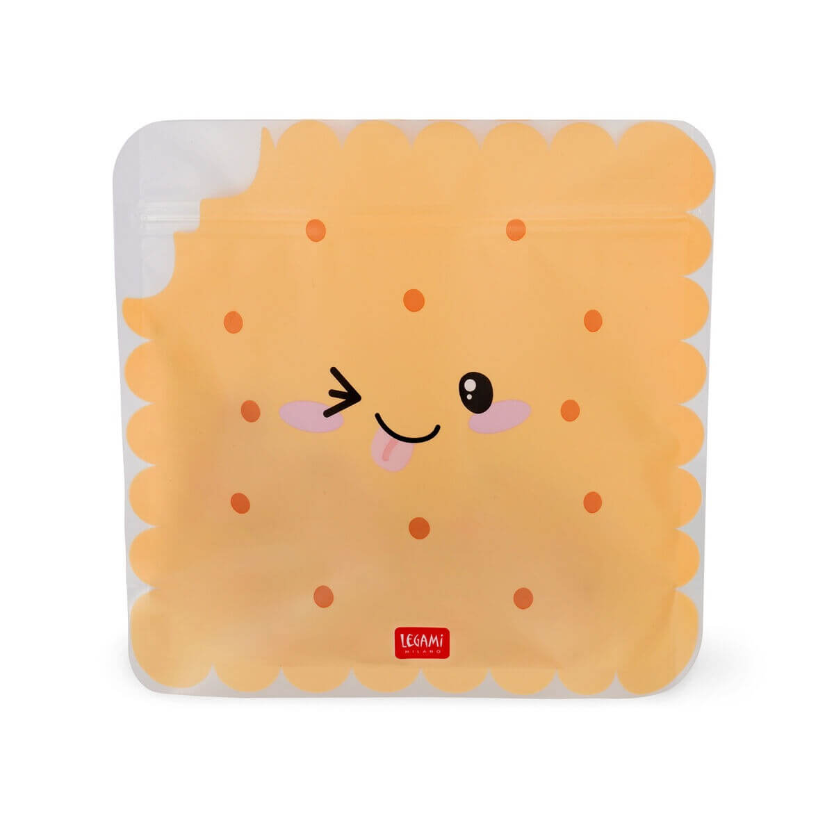 Legami Snackbeutel, Keks-Design, wiederverwendbar, Verschlussbeutel, Lebensmittelaufbewahrung, Cookie-Gesicht, orange, kinderfreundlich, BPA-frei, Schulverpflegung, Picknick, nachhaltig, Ziploc, Lunch-Zubehör, Kunststoff, Aufbewahrungsbeutel.