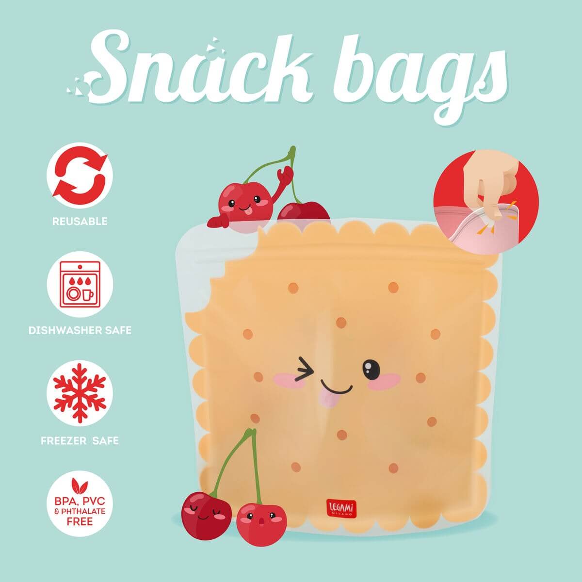 Legami Snackbeutel, Keks-Design, wiederverwendbar, spülmaschinenfest, gefriergeeignet, BPA-frei, PVC-frei, phthalatfrei, lebensmittelecht, Verschlussbeutel, Ziploc, nachhaltig, kinderfreundlich, Aufbewahrung, orange, Kunststoff.