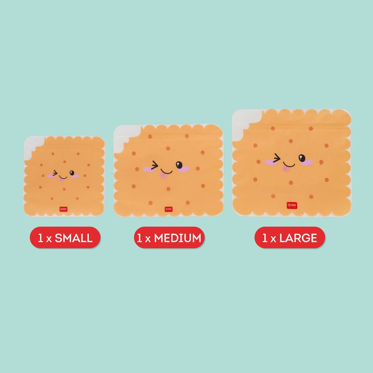 Legami Snackbeutel, Keks-Design, 3er-Set, Small, Medium, Large, Größenvergleich, wiederverwendbar, Verschlussbeutel, lebensmittelecht, kinderfreundlich, Ziploc, nachhaltig, Cookie-Gesicht, orange, Lunch-Zubehör.