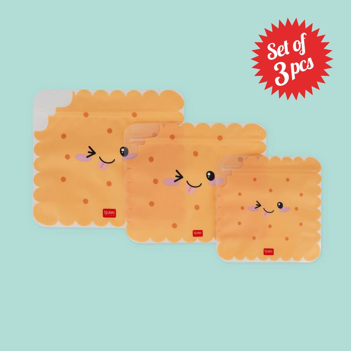 Legami Snackbeutel, 3er-Set, Keks-Design, wiederverwendbar, Verschlussbeutel, verschiedene Größen, lebensmittelecht, kinderfreundlich, Ziploc, nachhaltig, Cookie-Gesicht, orange, Lunch-Zubehör, Aufbewahrung, Kunststoff, Beutel.