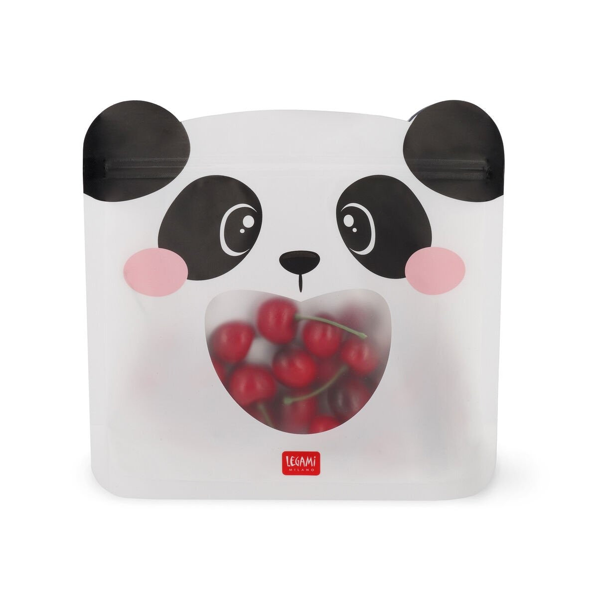 Legami Snackbeutel, Panda-Design, wiederverwendbar, Verschlussbeutel, Lebensmittelaufbewahrung, Kirschen, transparentes Sichtfenster, kinderfreundlich, BPA-frei, Schulverpflegung, Picknick, nachhaltig, Panda-Gesicht, Kunststoff, Ziploc, Lunch-Zubehör.