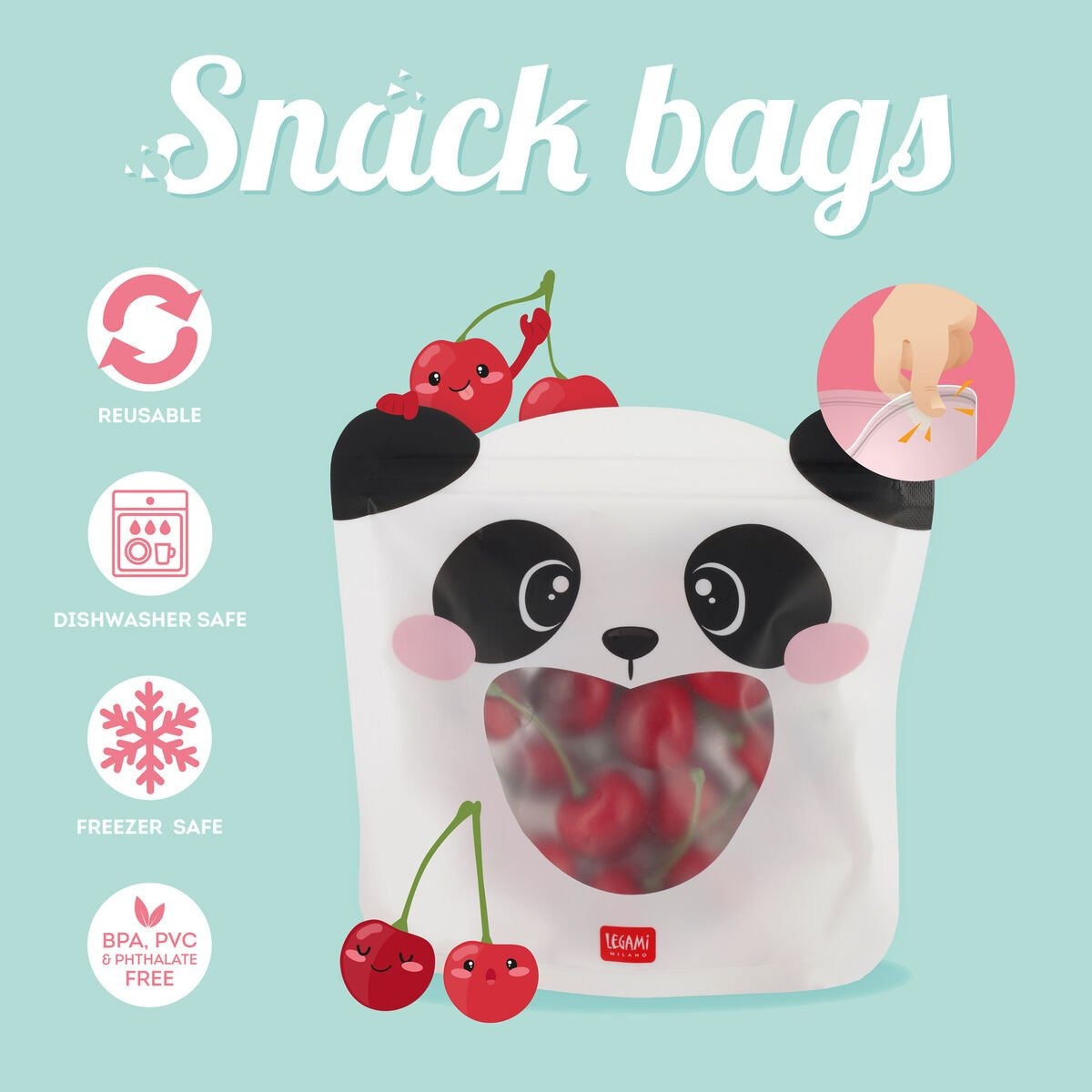 Legami Snackbeutel, Panda-Design, wiederverwendbar, spülmaschinenfest, gefriergeeignet, BPA-frei, PVC-frei, phthalatfrei, lebensmittelecht, Verschlussbeutel, Ziploc, Sichtfenster, Kirschen, nachhaltig, kinderfreundlich, Aufbewahrung.