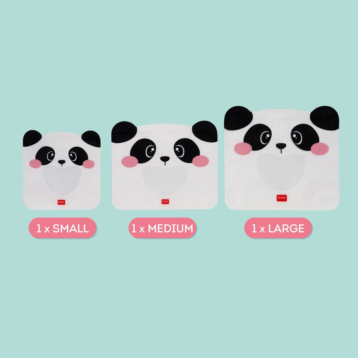 Legami Snackbeutel, Panda-Design, 3er-Set, Small, Medium, Large, Größenvergleich, wiederverwendbar, Verschlussbeutel, lebensmittelecht, Sichtfenster, kinderfreundlich, Ziploc, nachhaltig, Panda-Gesicht, Lunch-Zubehör.