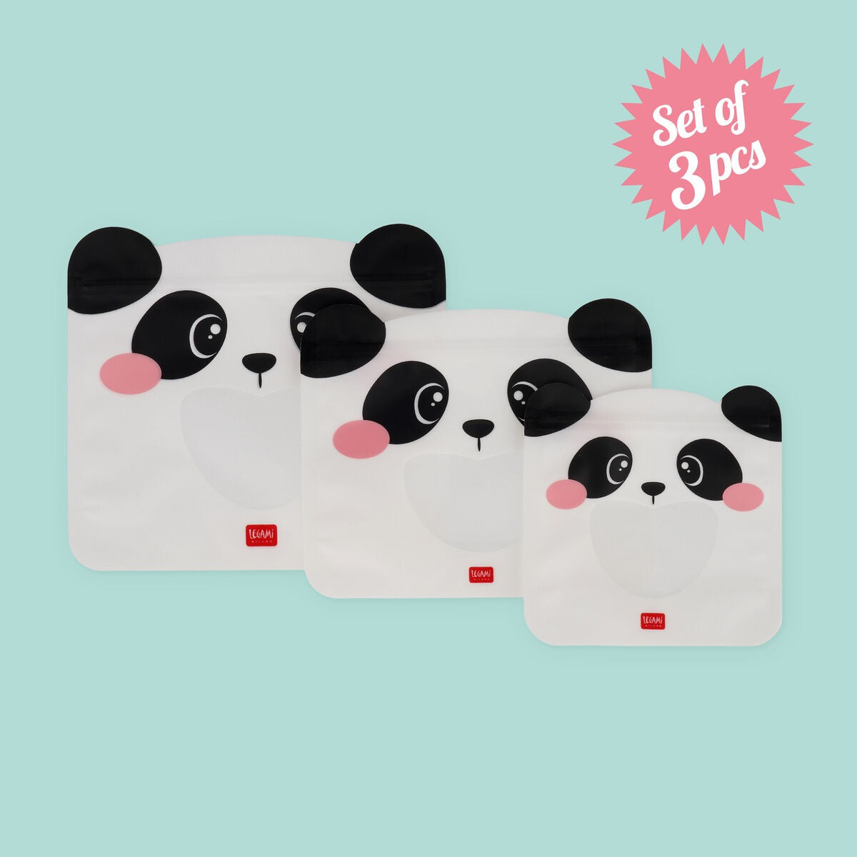 Legami Snackbeutel, 3er-Set, Panda-Design, wiederverwendbar, Verschlussbeutel, unterschiedliche Größen, lebensmittelecht, Sichtfenster, kinderfreundlich, Ziploc, nachhaltig, Panda-Gesicht, Lunch-Zubehör, Aufbewahrung, Kunststoff, Beutel.