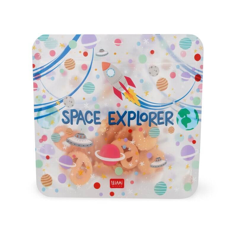Legami Snackbeutel, Weltraum-Design, Rakete, Planeten, Astronautik, wiederverwendbar, Verschlussbeutel, Lebensmittelaufbewahrung, Gebäck, transparent, kinderfreundlich, BPA-frei, Ziploc, nachhaltig, Space-Explorer, Kunststoff.