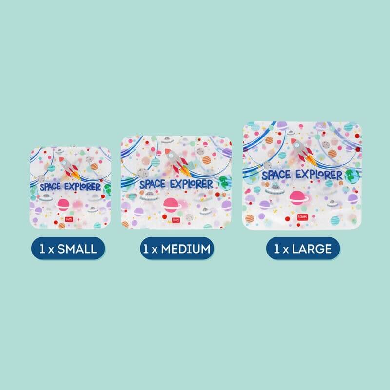 Legami Snackbeutel, Weltraum-Design, 3er-Set, Small, Medium, Large, Größenvergleich, wiederverwendbar, Verschlussbeutel, lebensmittelecht, kinderfreundlich, Ziploc, nachhaltig, Space-Explorer, Rakete, Lunch-Zubehör.