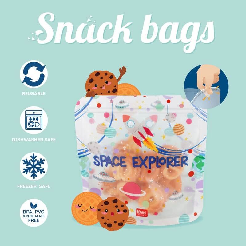 Legami Snackbeutel, Weltraum-Design, wiederverwendbar, spülmaschinenfest, gefriergeeignet, BPA-frei, PVC-frei, phthalatfrei, lebensmittelecht, Verschlussbeutel, Ziploc, nachhaltig, kinderfreundlich, Aufbewahrung, Rakete, Kunststoff.
