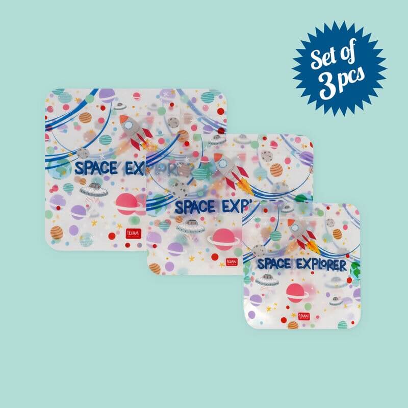 Legami Snackbeutel, 3er-Set, Weltraum-Design, wiederverwendbar, Verschlussbeutel, verschiedene Größen, lebensmittelecht, kinderfreundlich, Ziploc, nachhaltig, Space-Explorer, Rakete, Planeten, Lunch-Zubehör, Aufbewahrung, Kunststoff.