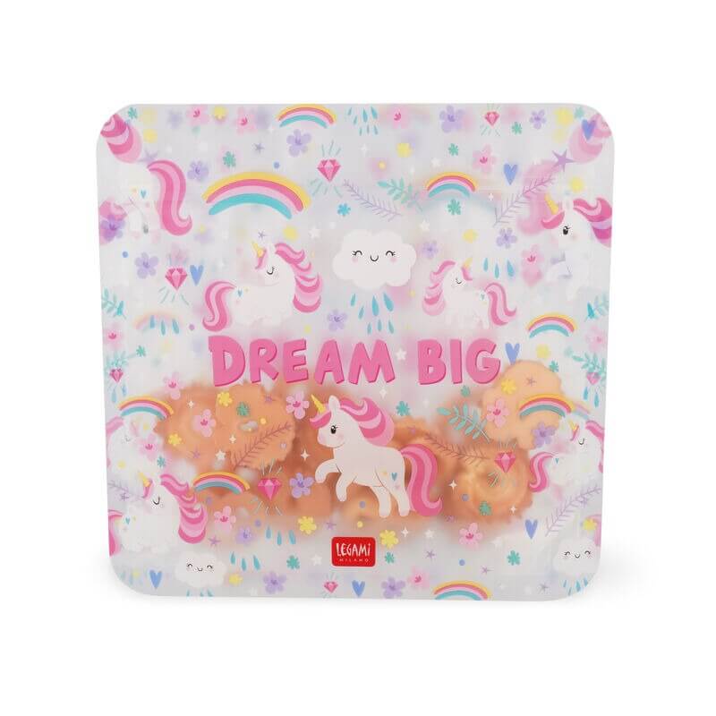 Legami Snackbeutel, Einhorn-Design, Regenbogen, Sterne, wiederverwendbar, Verschlussbeutel, Lebensmittelaufbewahrung, transparent, kinderfreundlich, BPA-frei, Ziploc, nachhaltig, "Dream Big" Aufschrift, Kunststoff, Aufbewahrungsbeutel.