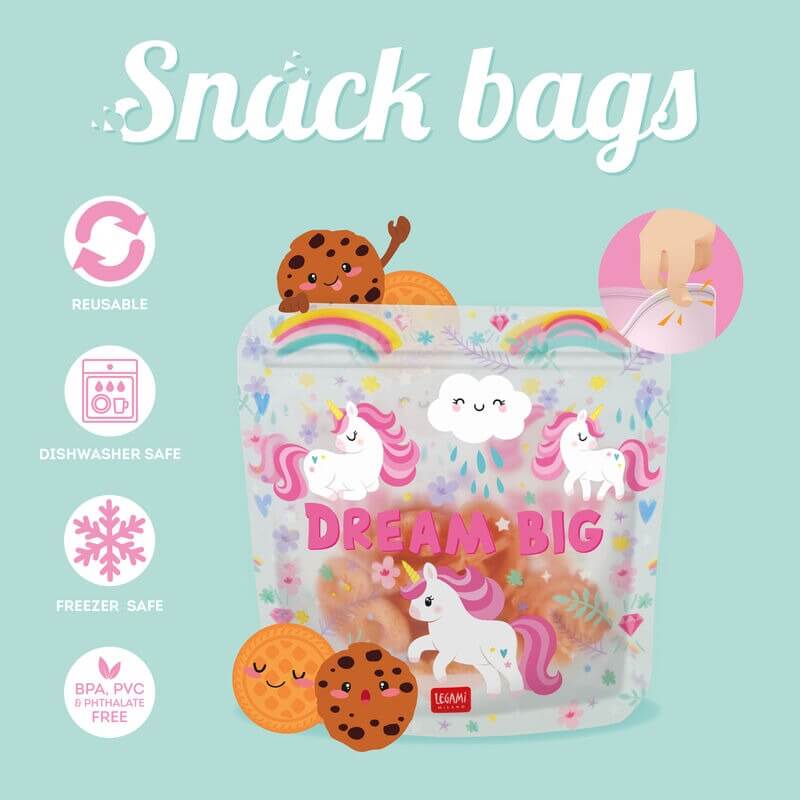 Legami Snackbeutel, Einhorn-Design, wiederverwendbar, spülmaschinenfest, gefriergeeignet, BPA-frei, PVC-frei, phthalatfrei, lebensmittelecht, Verschlussbeutel, Ziploc, nachhaltig, kinderfreundlich, Aufbewahrung, Kunststoff, Beutel.