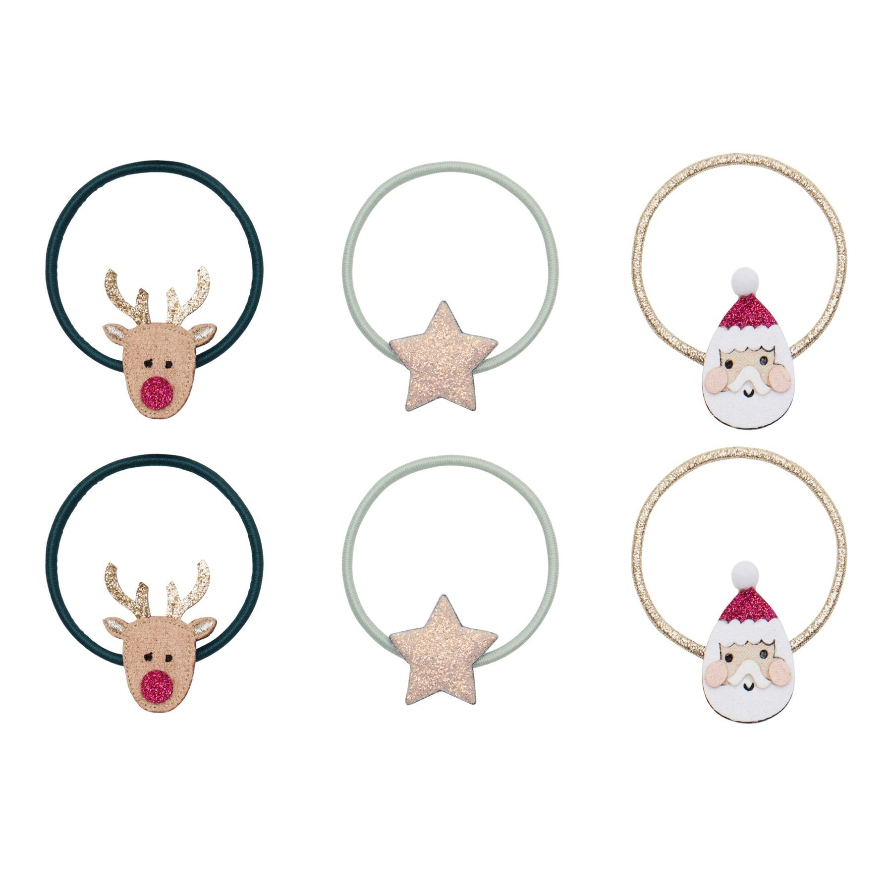 Süße Haargummis von Mimi & Lula im Weihnachts-Design: Zwei Rentiere, zwei Sterne und zwei Weihnachtsmänner für festliche Frisuren. Perfekt geeignet.