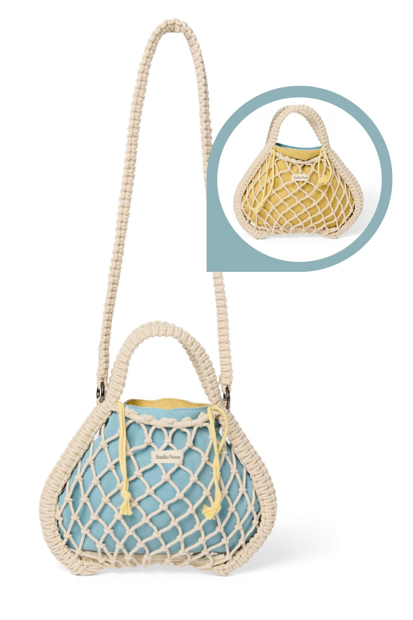 Studio Noos - Tasche Mini Macrame Natural mit Inlay Blau-Gelb – Ansicht 1 von 5