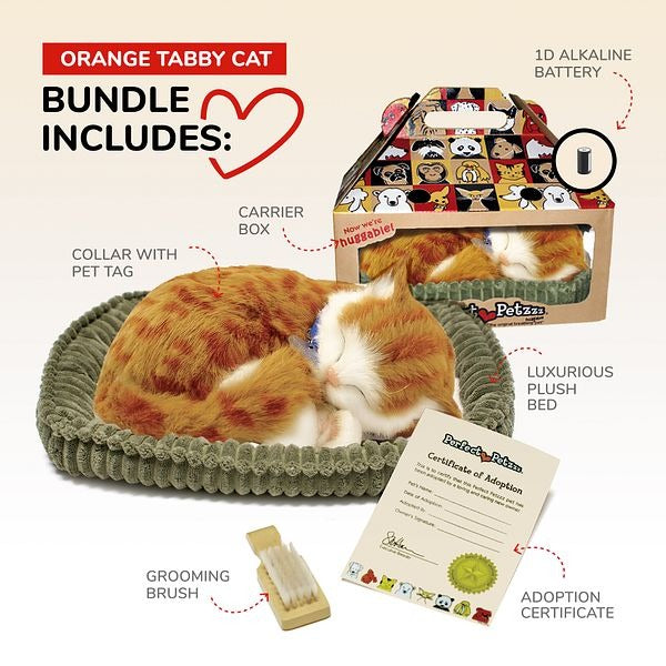 Perfect Petzzz Set, schlafende Katze, orange-getigert, Kuscheltier, Bettchen, Bürste, Halsband, Adoptionsurkunde, Transportbox, Batterie, realistisch, atmend, Plüschtier, Haustier-Set, Geschenk.