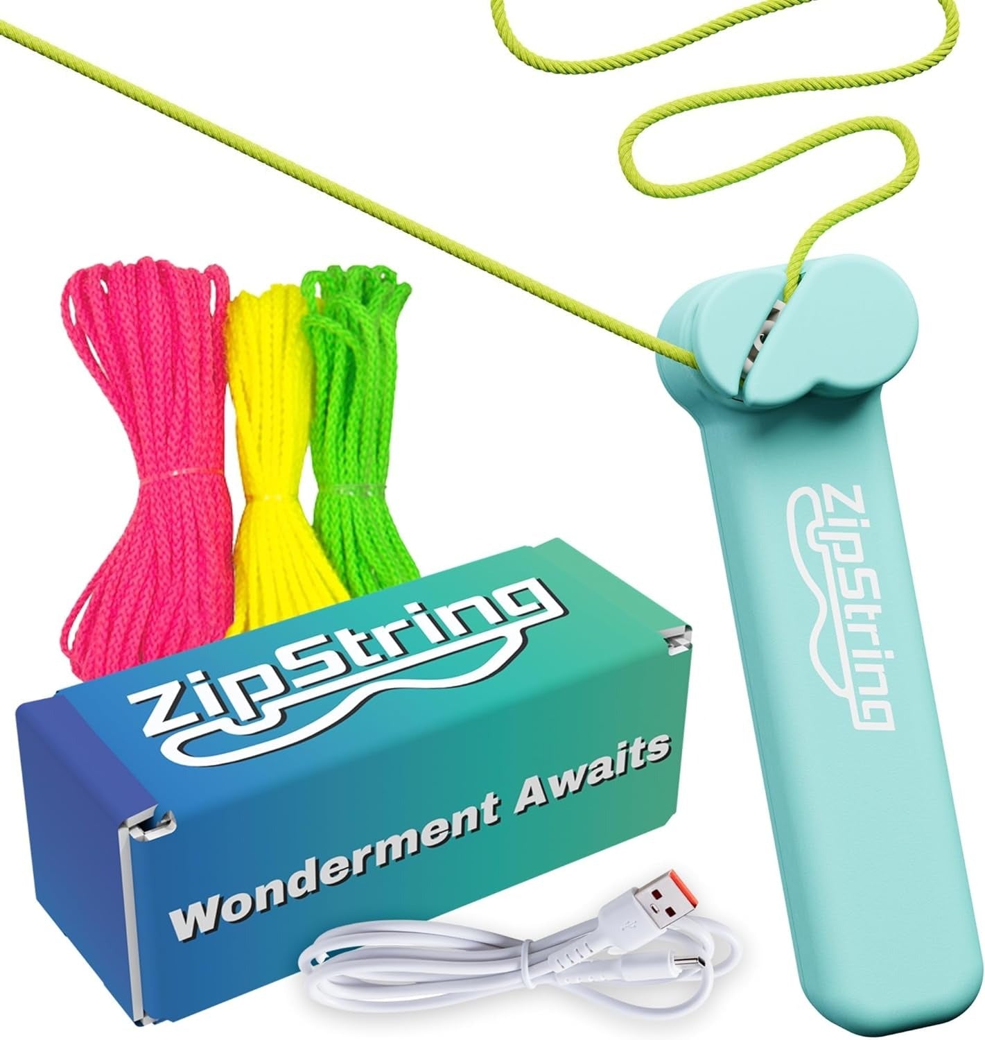 ZipString, Aesthetic Aqua, türkises Handgerät, bunte Schnüre, USB-Kabel, Verpackung, Geschicklichkeitsspielzeug, Gadget, innovativ, Spielspaß, Handheld, batteriebetrieben, Schnurschlaufen, kinetisch, Unterhaltung, Zubehör.