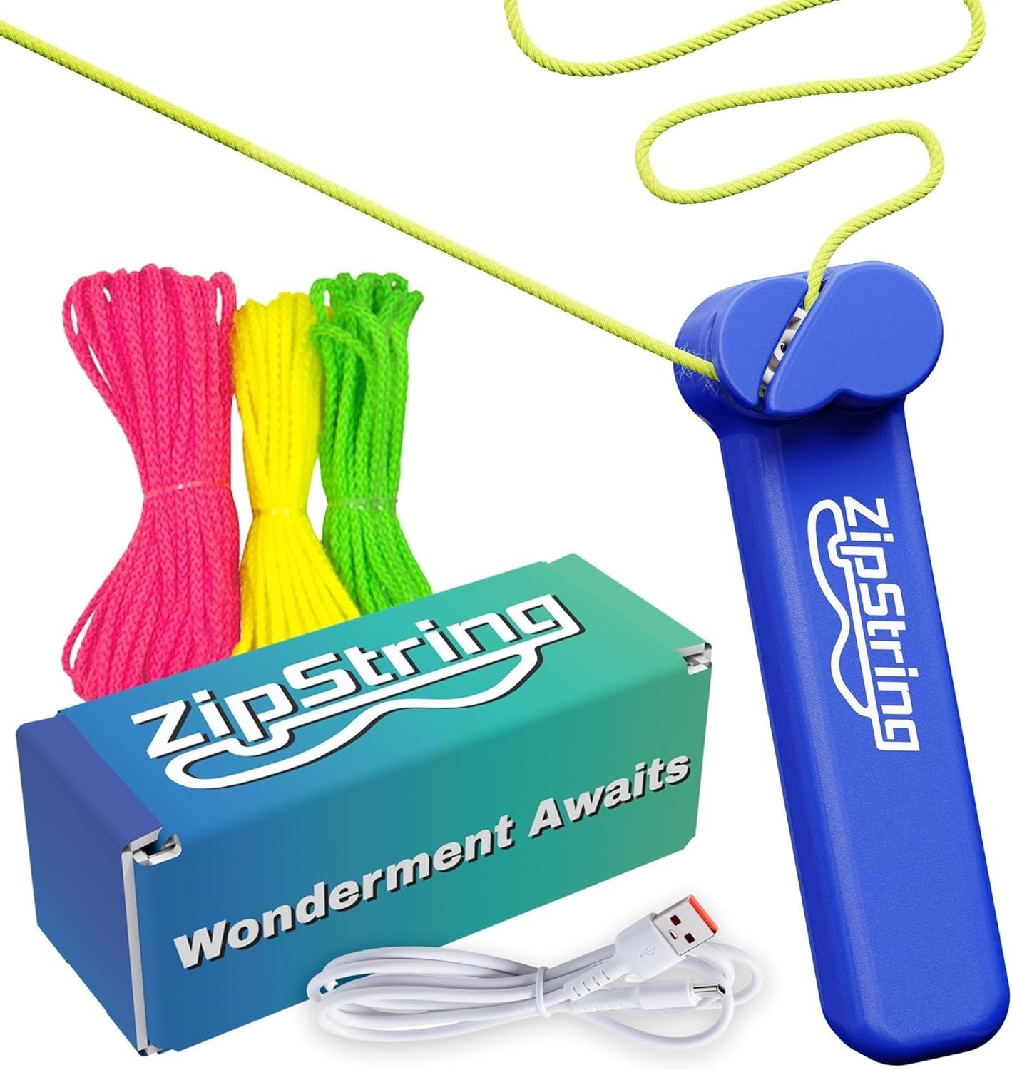 ZipString, Bodacious Blue, blaues Handgerät, bunte Schnüre, USB-Kabel, Verpackung, Geschicklichkeitsspielzeug, Gadget, innovativ, Spielspaß, Handheld, batteriebetrieben, Schnurschlaufen, kinetisch, Unterhaltung, Zubehör.