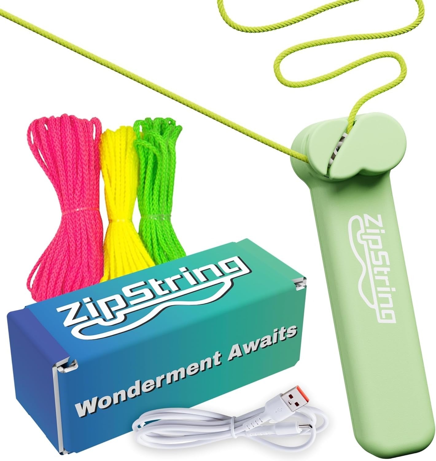 ZipString Original Luscious Lime elektrischer Schnurwerfer Seilspielzeug wiederaufladbar USB Schnurstarter Zugspiel Outdoor Freizeit Spielgerät Ersatzschnüre grün kompakt tragbar innovativ langlebig