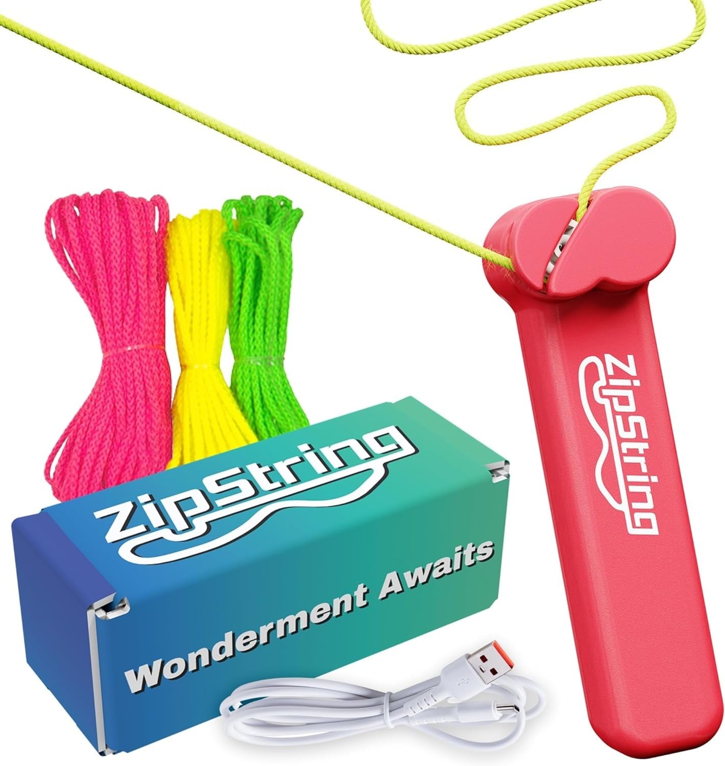 ZipString Spielzeug, rotes Handgerät mit gelber Schnur, inklusive Ersatzschnüre in Pink, Gelb, Grün, USB-Ladekabel und Produktverpackung mit Aufschrift Wonderment Awaits.