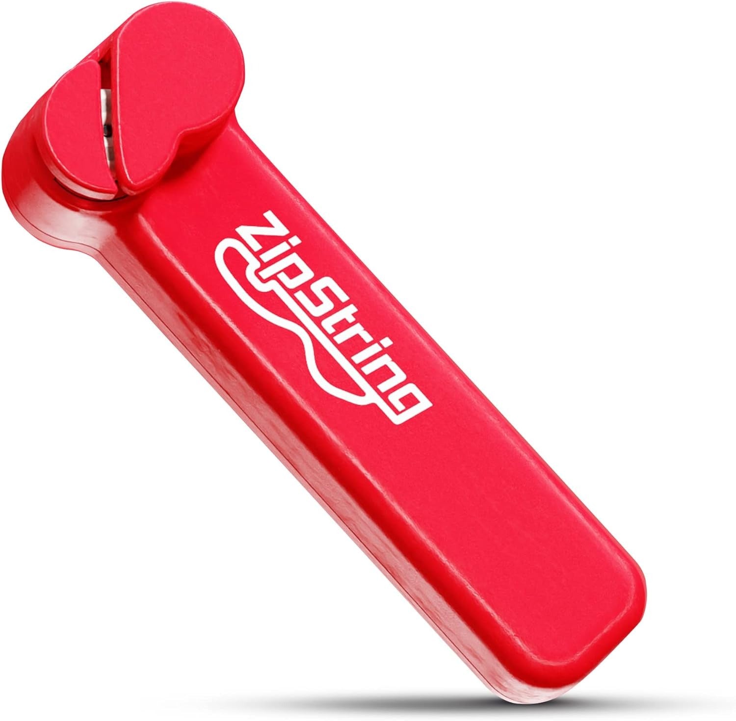 Rotes ZipString Handgerät als Spielzeug, tragbarer Schnurwerfer mit weißem Logo auf der Vorderseite, isoliert vor weißem Hintergrund, modernes Design.