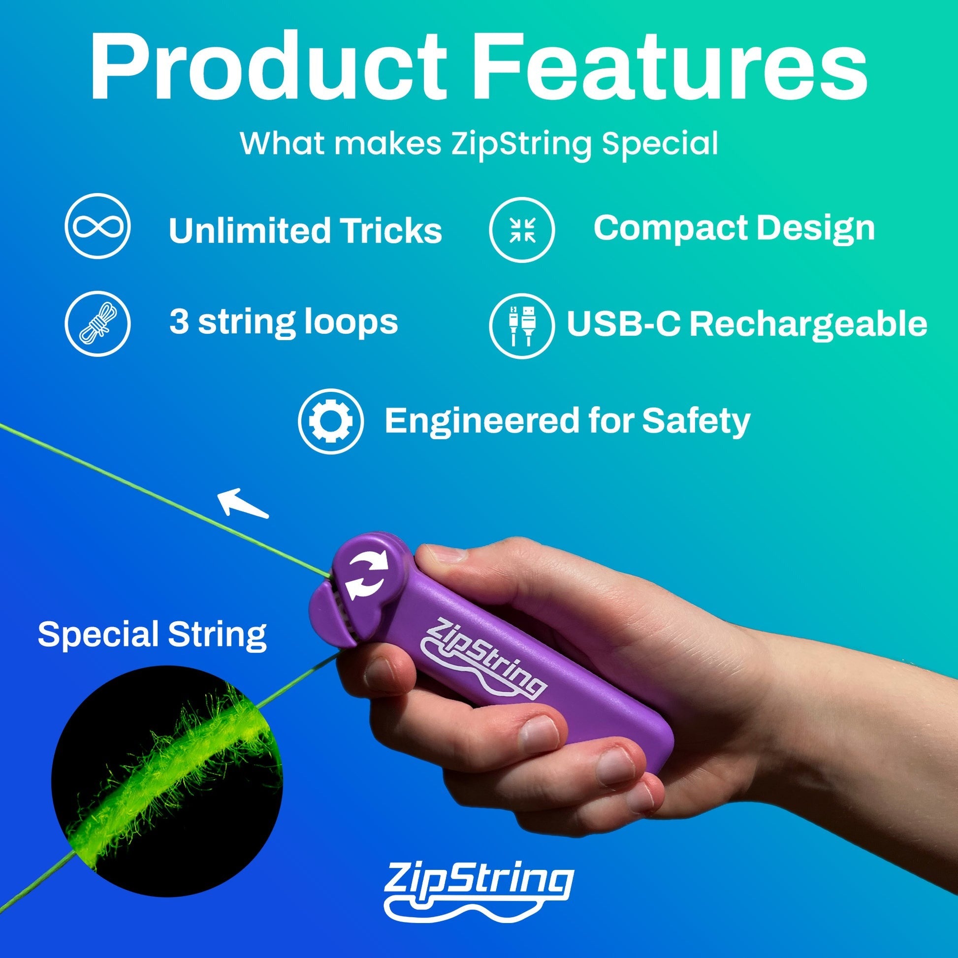 ZipString – The Original Rock' it Red mit Spezialschnur, kompakt, USB-C wiederaufladbar, drei Schlaufen, sichere Konstruktion, langlebig, tragbar, hochwertig, innovatives Design, vielseitig