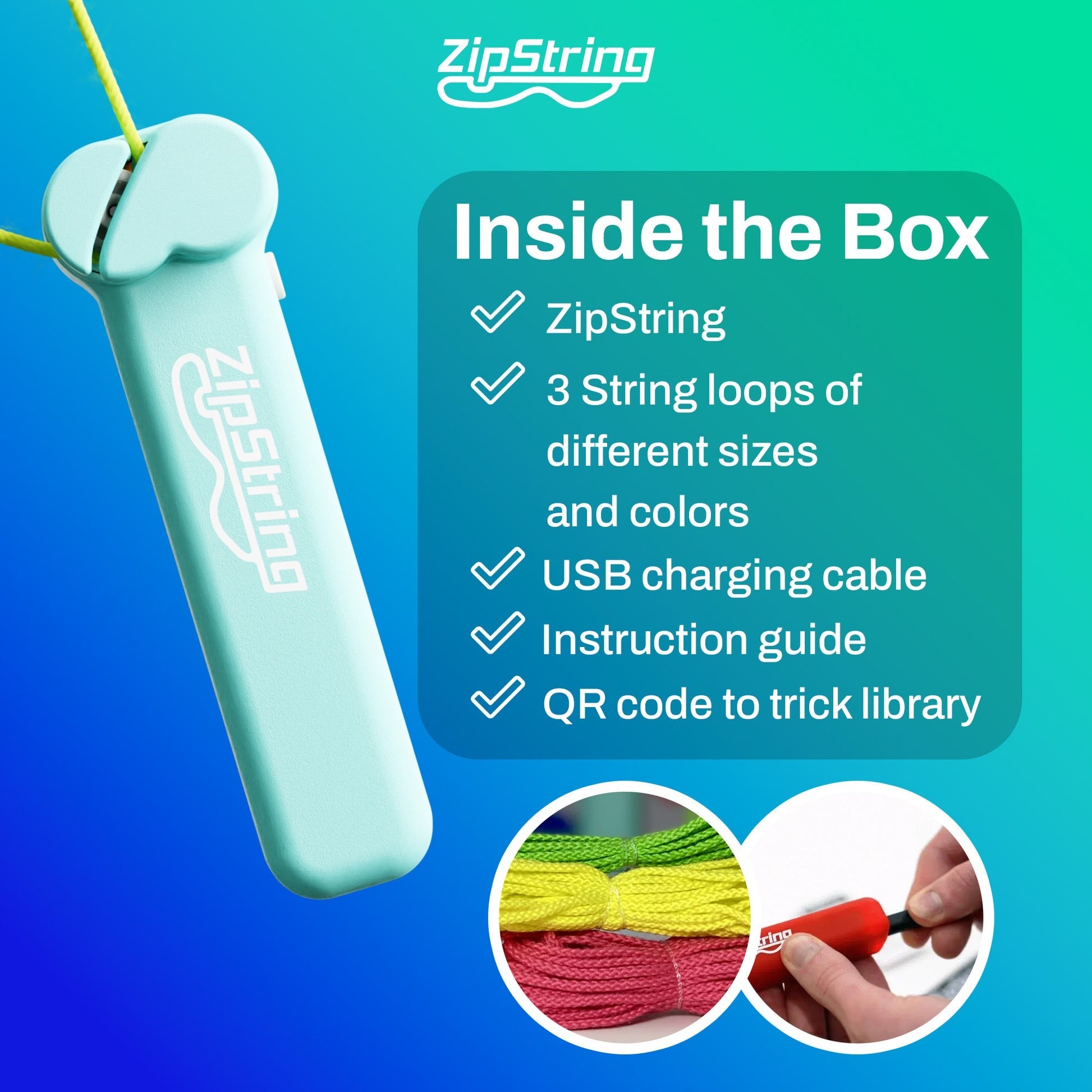 ZipString Lieferumfang: Handgerät, drei verschiedenfarbige Schnurschlaufen, USB-Ladekabel, Anleitung und QR-Code zur Trick-Bibliothek, innovatives Spielzeug für kreativen Spaß, komplett verpackt.