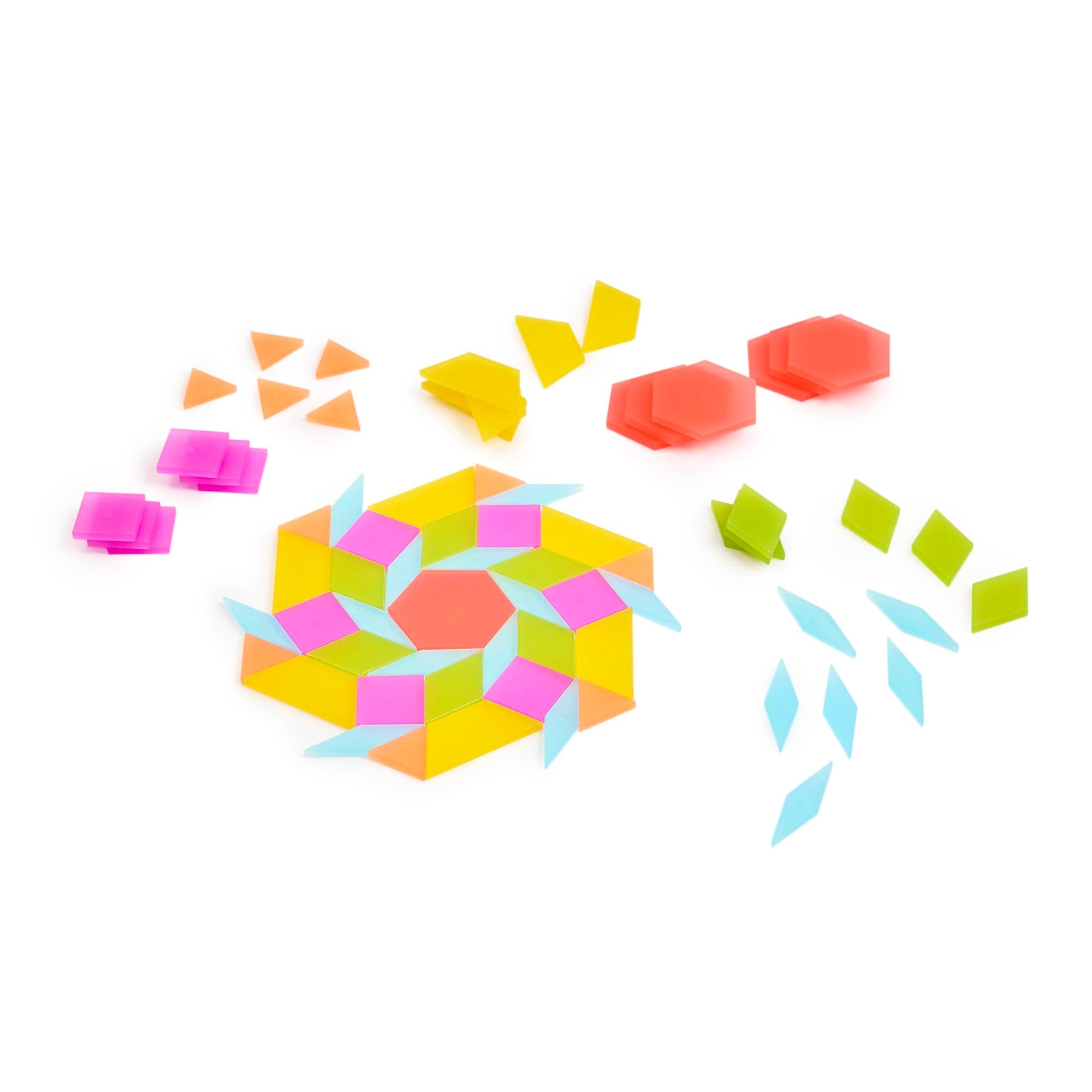 Bunte Guidecraft durchscheinende Tangram-Fliesen in verschiedenen geometrischen Formen, ideal für kreatives Legen, Farberkundung und pädagogisches, spielerisches Lernen für Kinder.