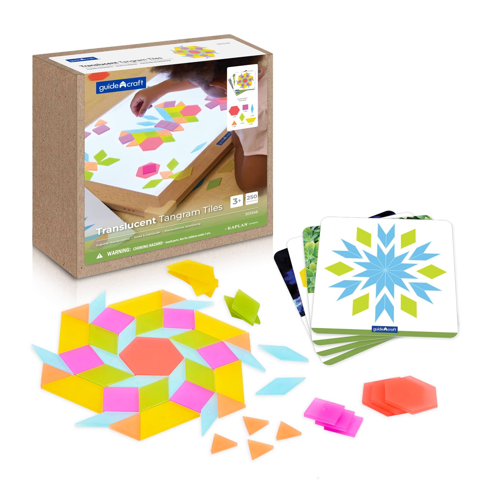 Guidecraft Translucent Tangram Tiles Set, buntes Lernspielzeug mit 250 geometrischen Formen, ideal für kreatives Legen und pädagogisches Spielen für Kinder.