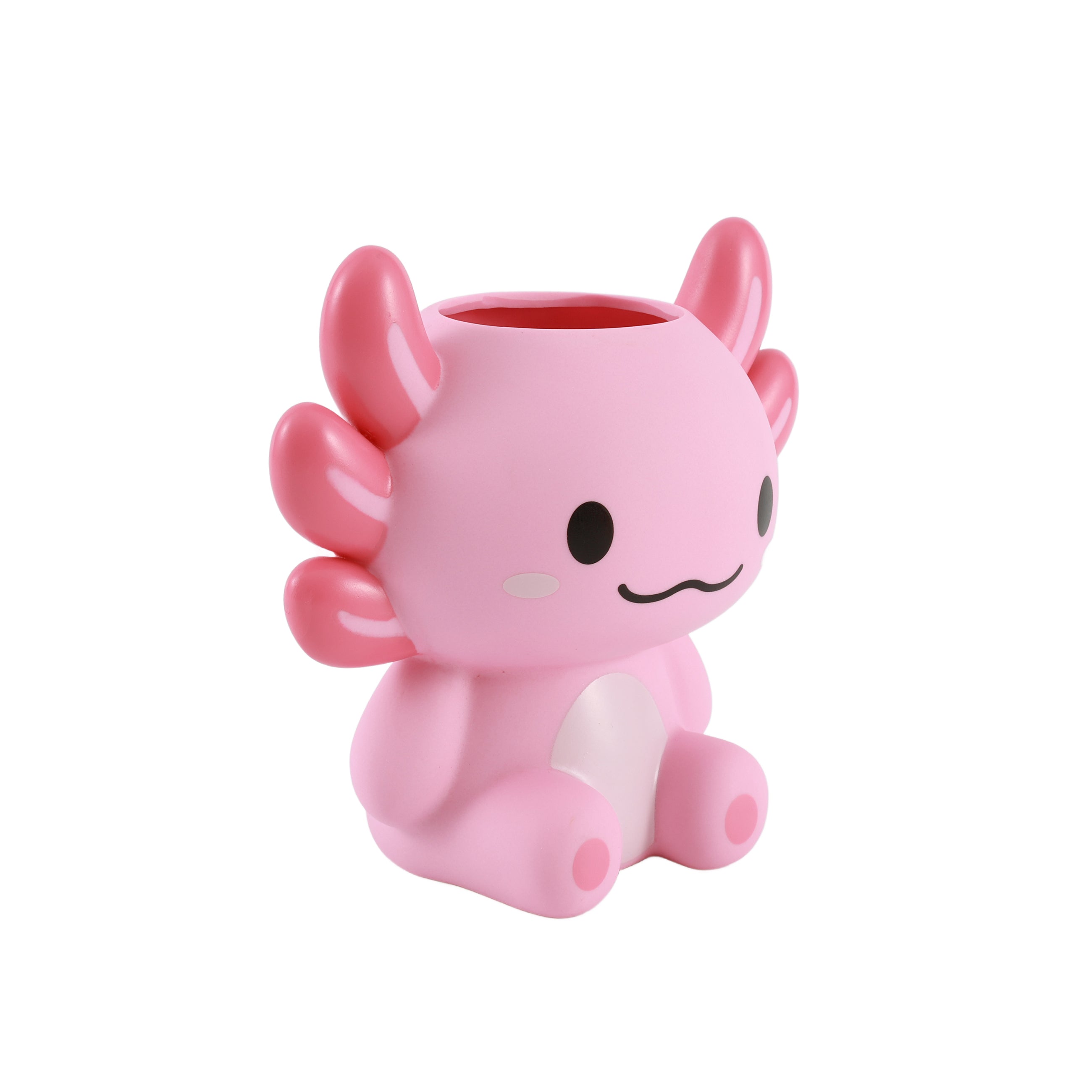 i-Total 3D-Stifthalter Axolotl, rosa Tierfigur, niedlicher Schreibtisch-Organizer, Kunststoff, Deko-Accessoire, Schreibwaren, sitzend, Seitenansicht.