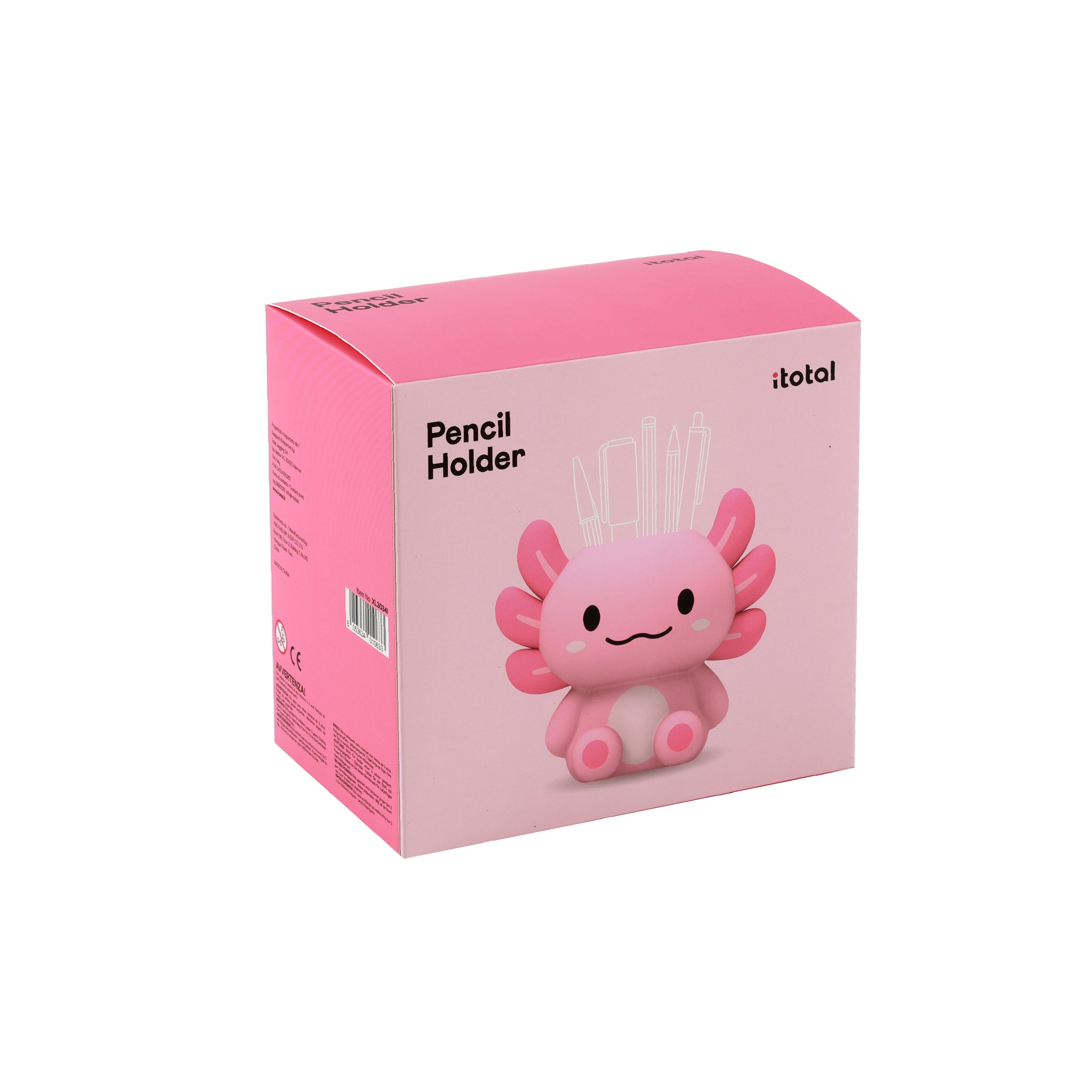 i-Total 3D-Stifthalter Axolotl, rosa Produktverpackung, Schreibtisch-Organizer, niedliches Tier-Design, Karton, Schreibwaren, Büro-Zubehör.