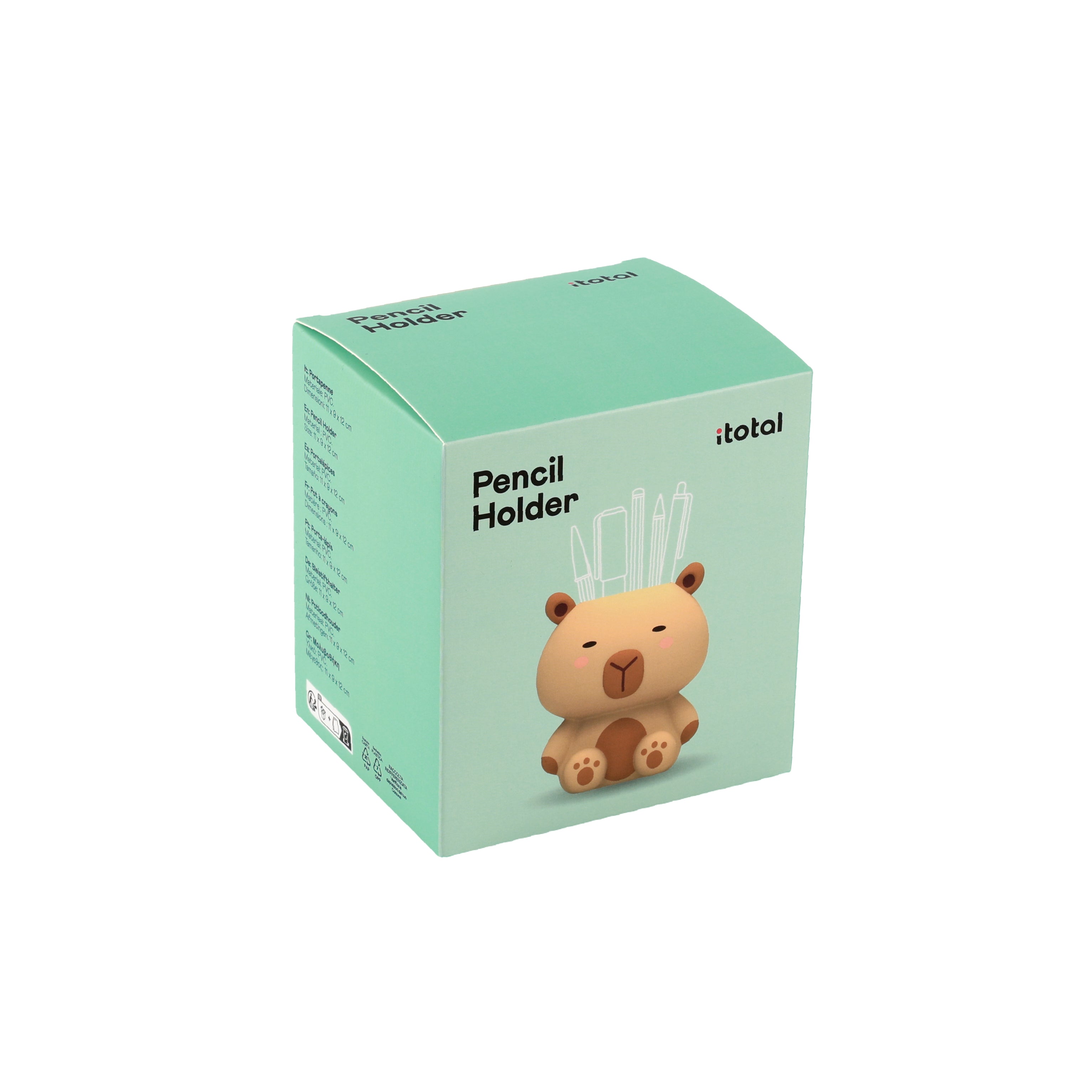 i-Total Capybara 3D-Stifthalter, türkisfarbene Produktverpackung, Schreibtisch-Organizer, niedliches Tier-Design, Zubehör, Karton, Schreibwaren.