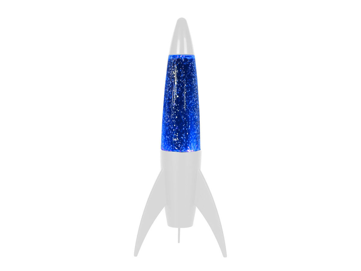 i-Total Glitterlampe Rocket, weiß-blaues Design, Raketenform, blaues Glitzer, dekorative Stimmungsleuchte, Retro-Stil, Tischlampe.