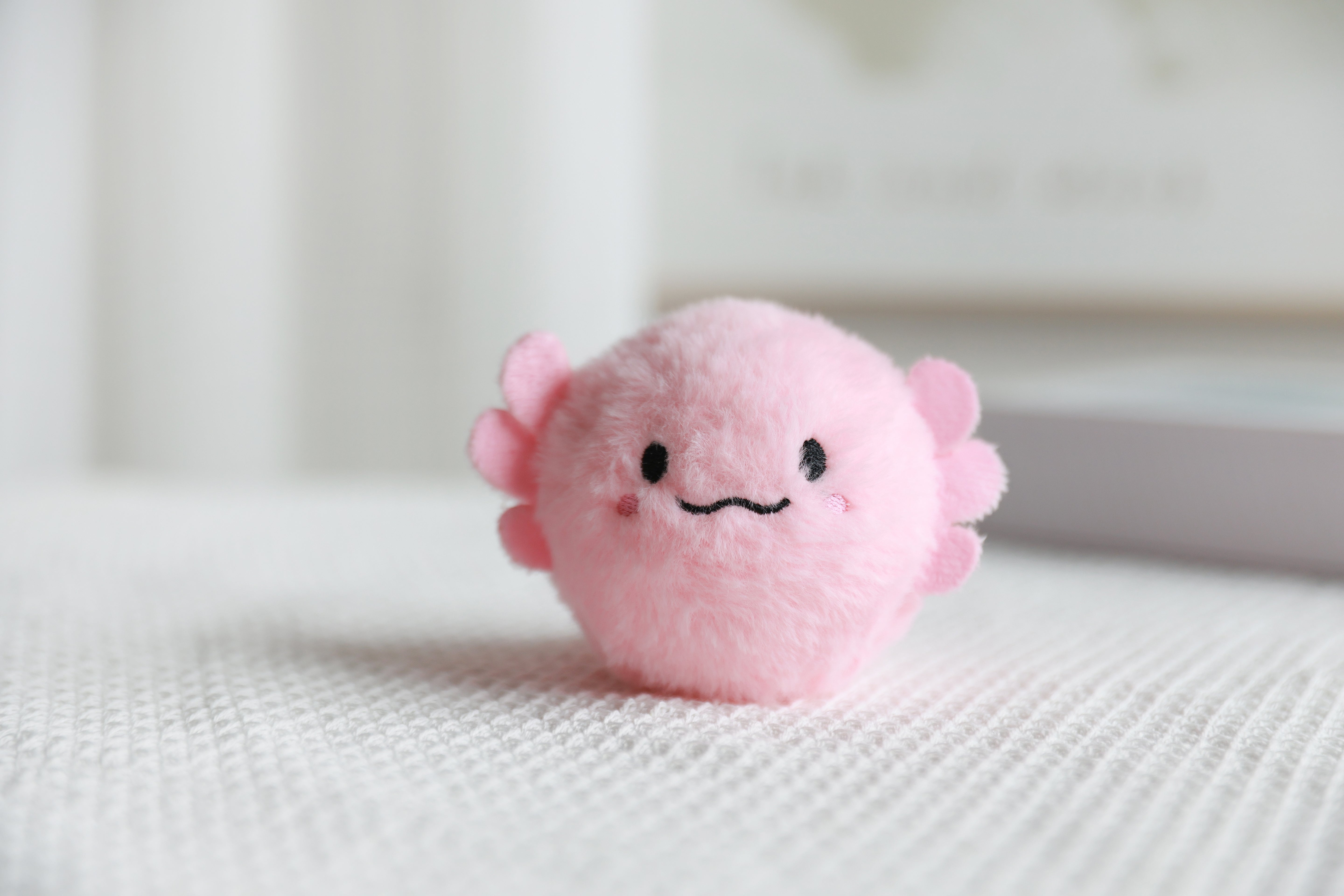 Rosa Axolotl-Plüschball auf weißem Stoff als dekoratives weiches Spielzeug.