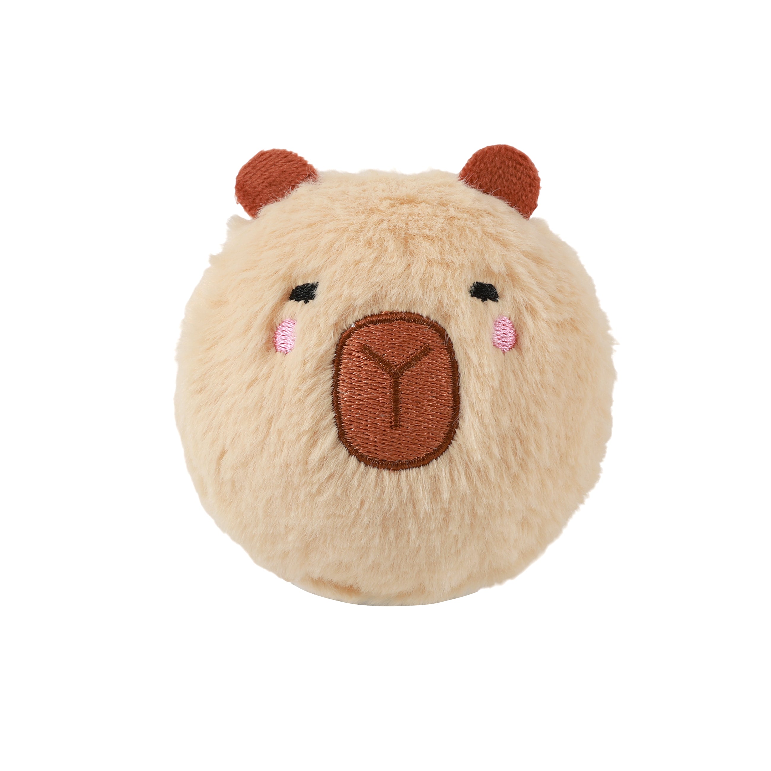 Flauschiger iTotal Gummiball mit beigem Kunstfell-Überzug und aufgesticktem Capybara-Gesicht, ideal als weiches Spielzeug für Kinder.