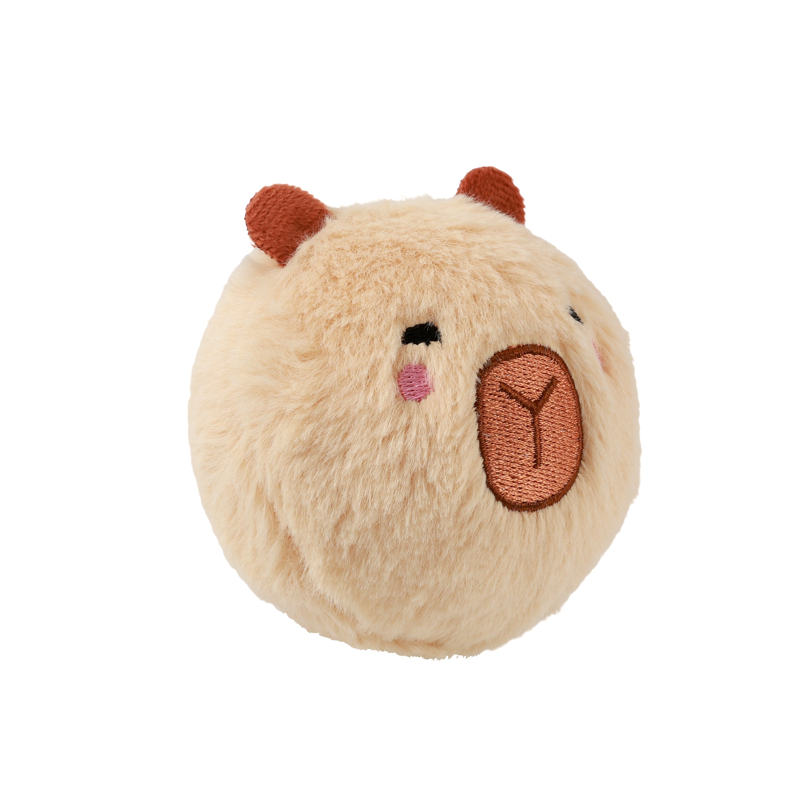 Profilansicht des beigen iTotal Capybara-Plüschballs mit weichem Kunstfell, braunen Ohren und Stickereien auf weißem Hintergrund.