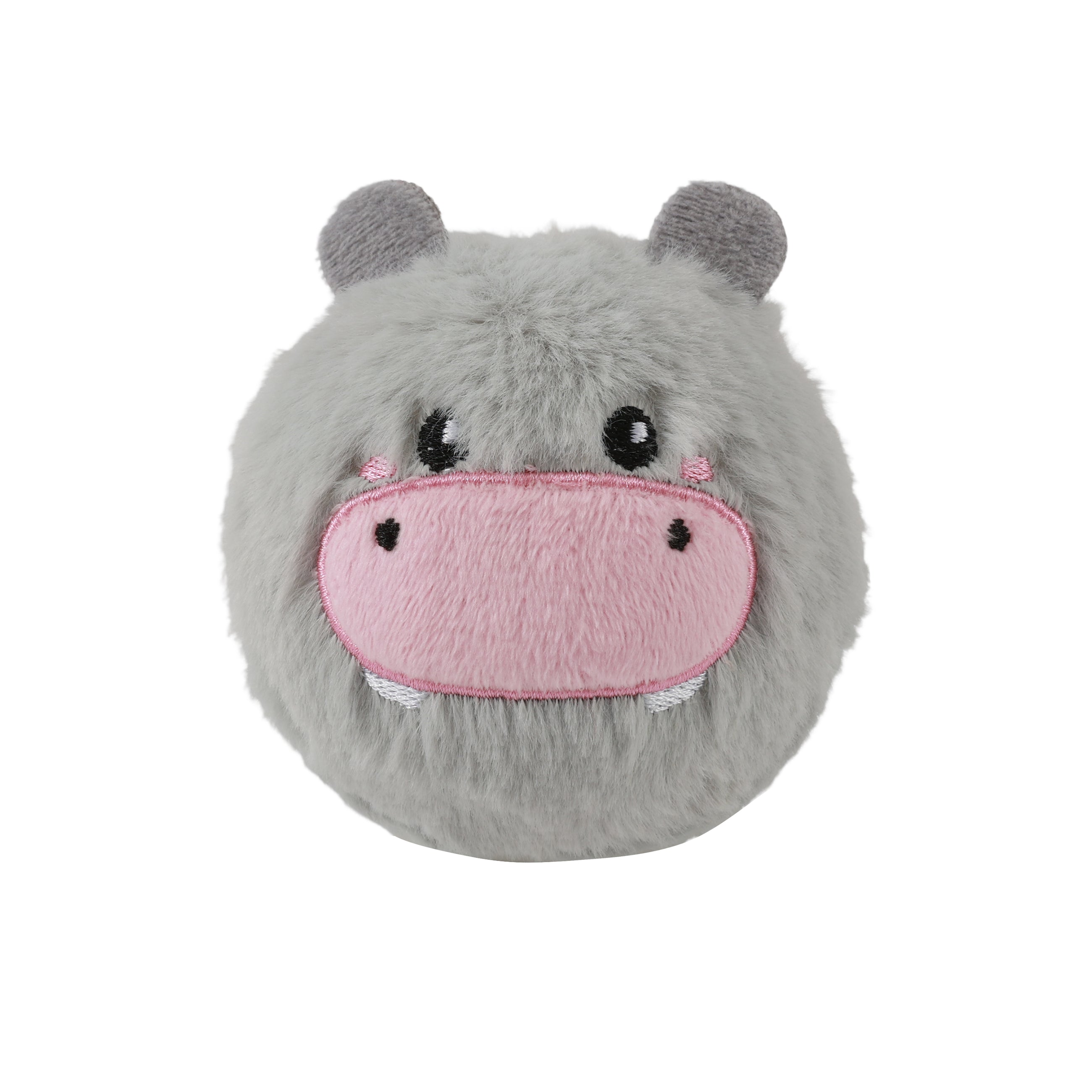 Flauschiger iTotal Gummiball mit grauem Kunstfell-Überzug und aufgesticktem Nilpferd-Gesicht, ideal als weiches Spielzeug für Kinder.