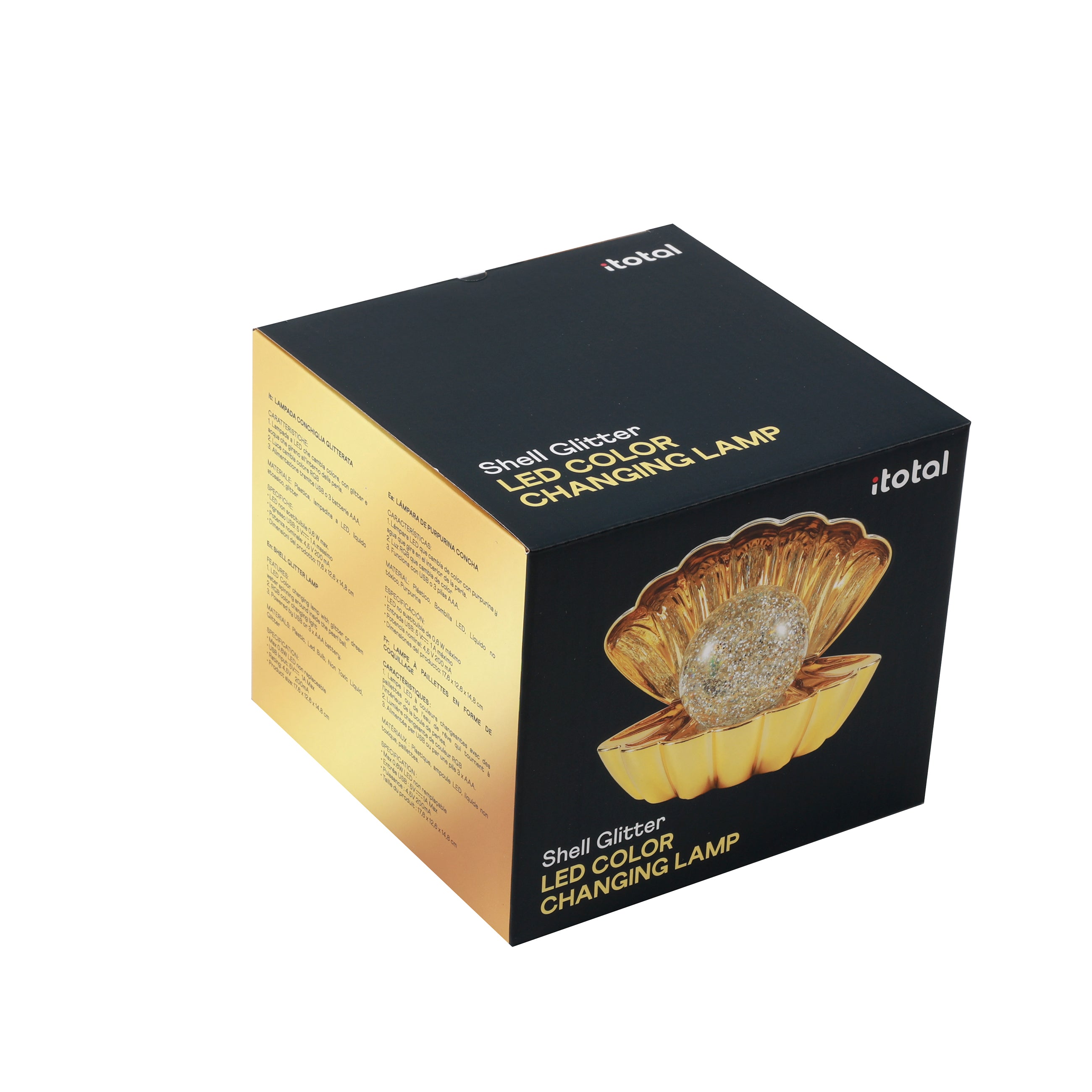 i-Total Muschellampe Gold Produktverpackung Karton LED Farbwechsel Glitzer Stimmungslicht Deko Geschenkidee Wohnaccessoire.