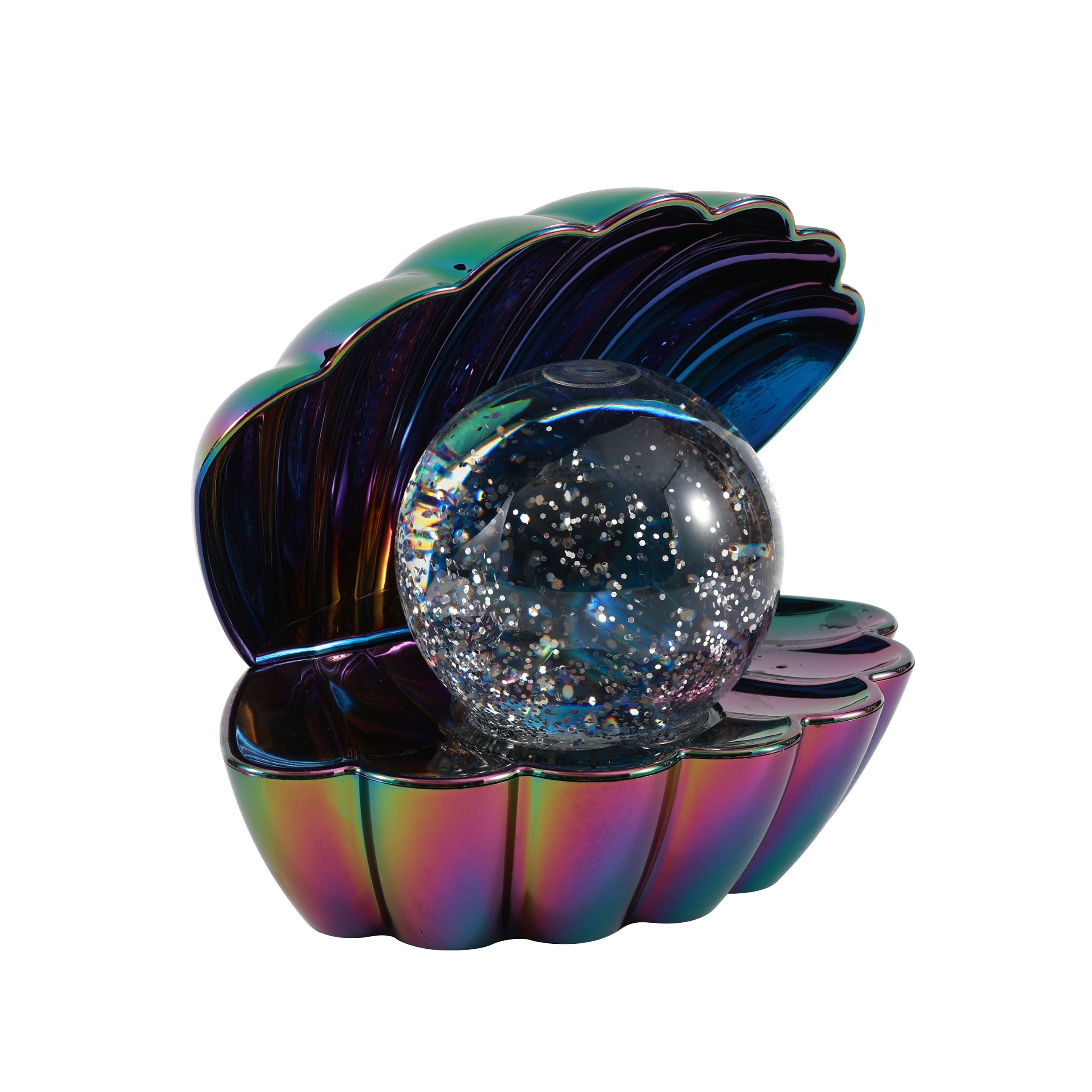 i-Total Muschellampe, schillerndes Regenbogen-Design, Metallic-Look, Perle mit Glitzer, dekorative Tischlampe, Seitenansicht.