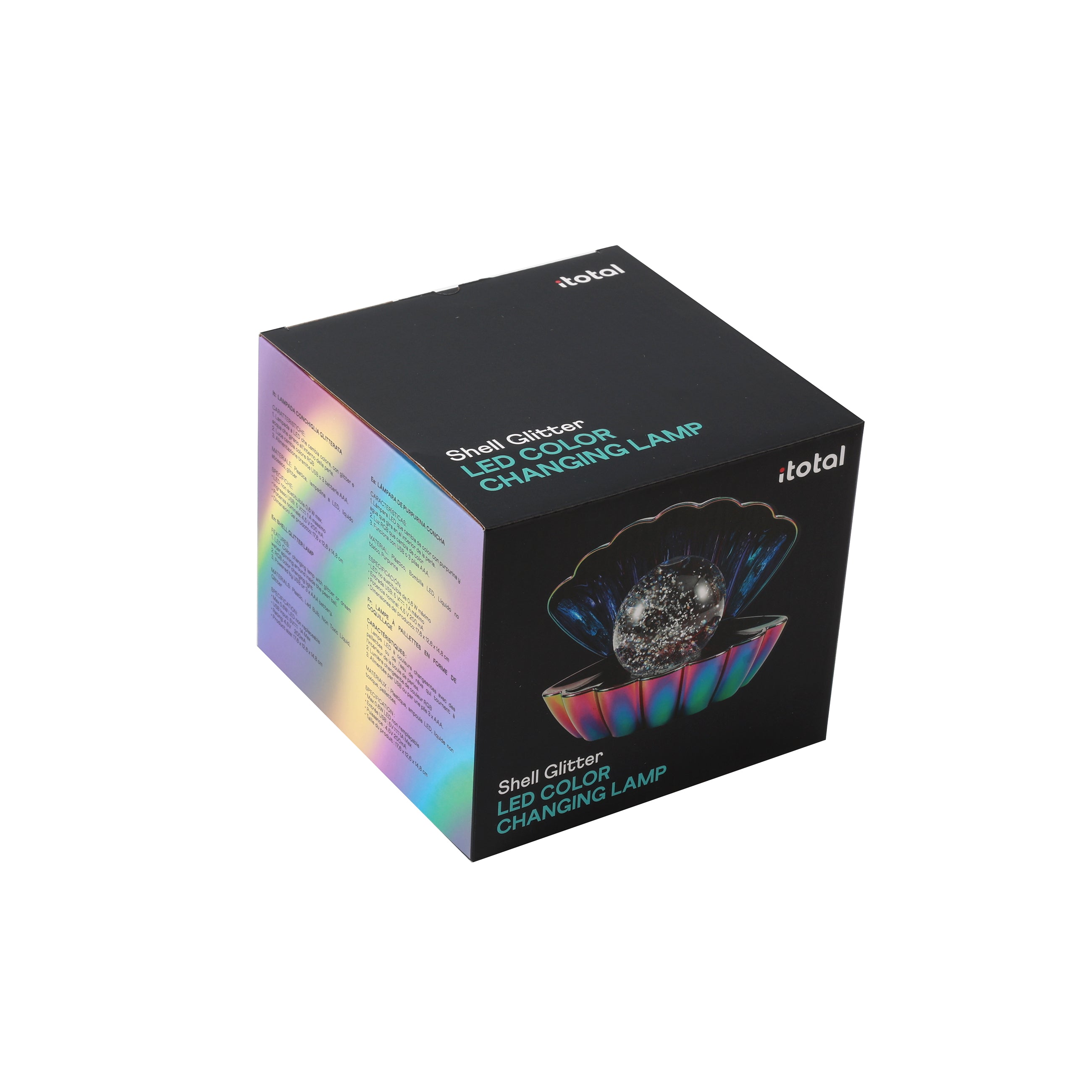 i-Total Muschellampe Regenbogen Produktverpackung Karton LED Farbwechsel Glitzer Stimmungslicht Deko Geschenkidee Wohnaccessoire.