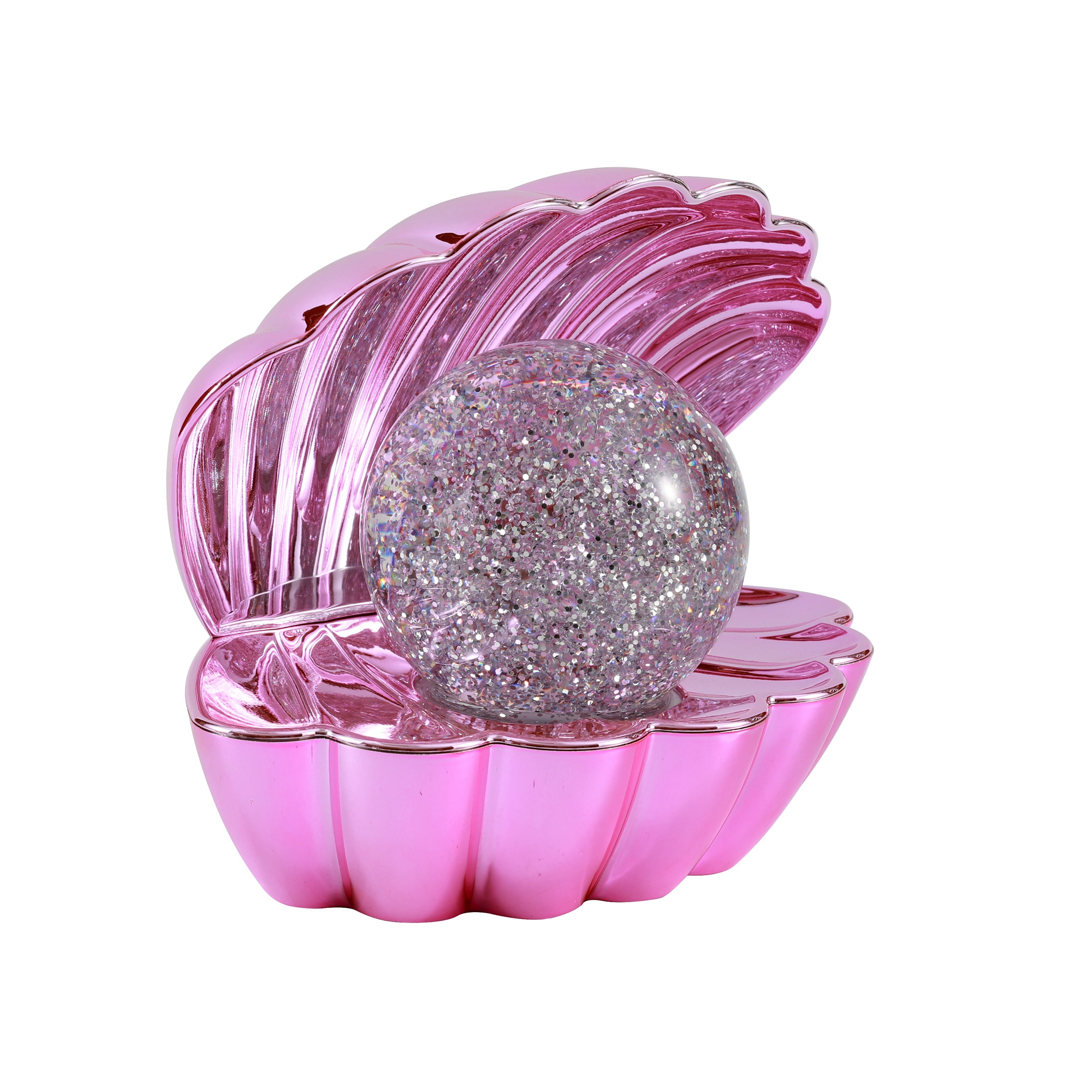 i-Total Muschellampe, kräftiges Pink, glänzendes Metallic-Finish, Perle mit Glitzer, dekorative Tischlampe, Seitenansicht.