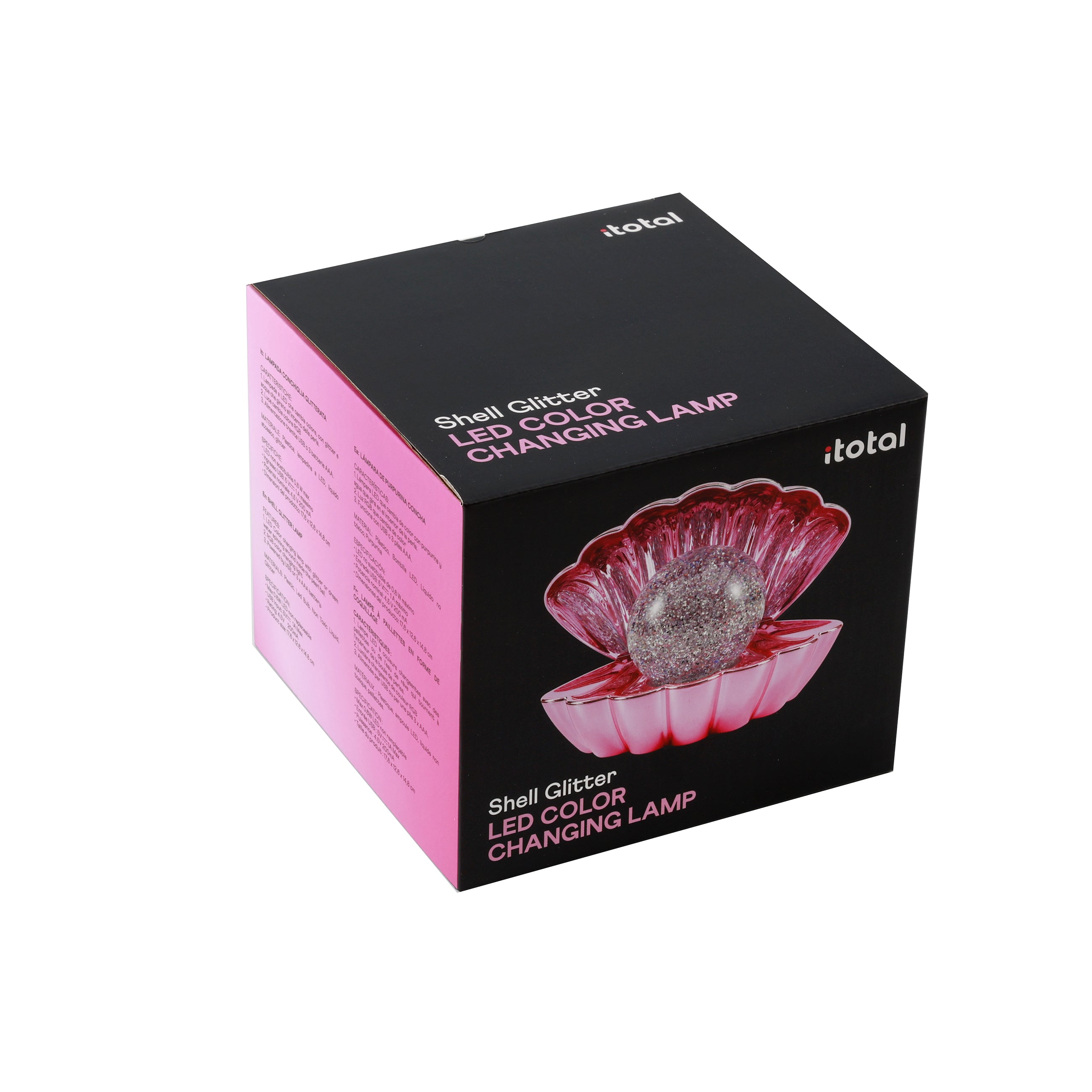 i-Total Muschellampe pink Produktverpackung Karton LED Farbwechsel Glitzer Stimmungslicht Deko Geschenkidee Wohnaccessoire.
