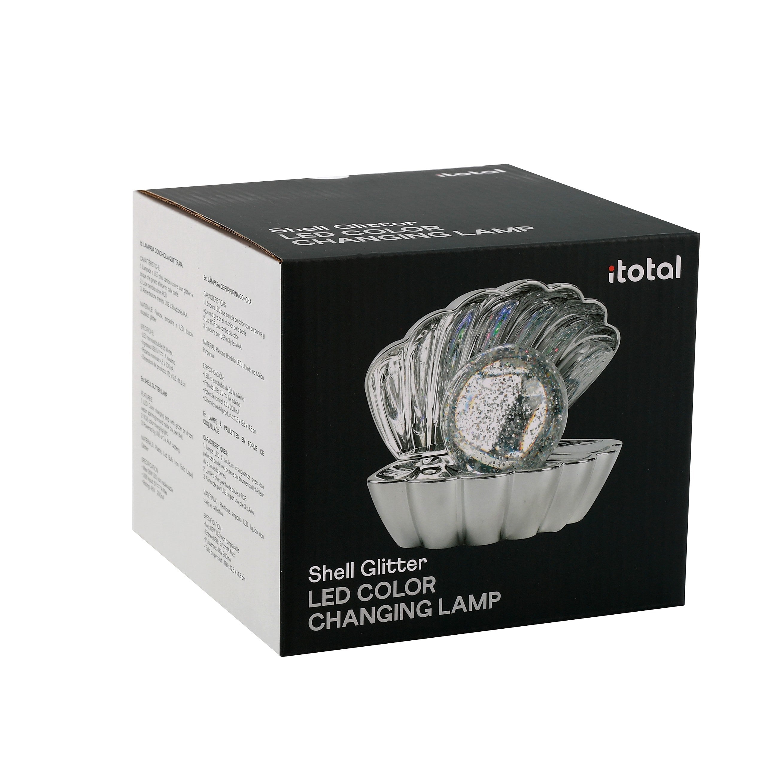 i-Total Muschellampe silber Produktverpackung Karton LED Farbwechsel Glitzer Stimmungslicht Deko Geschenkidee Wohnaccessoire.