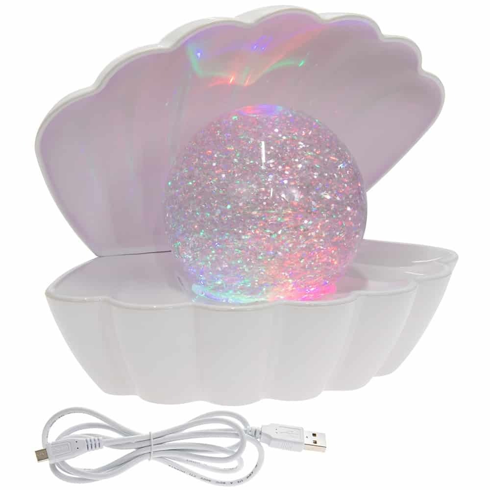i-Total Muschellampe, weißes Design, Perle mit Glitzer, USB-Kabel, dekorative Stimmungsleuchte, Tischlampe, Kunststoff.