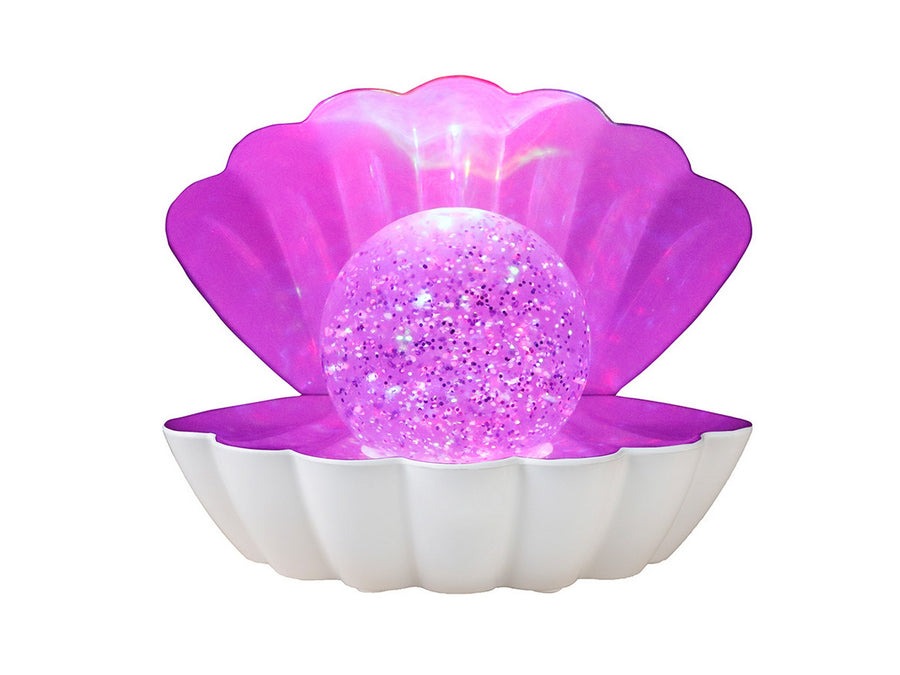 i-Total Muschellampe, weißes Gehäuse, eingeschaltet, violettes Glitzerlicht, dekorative Stimmungsleuchte, Tischlampe, Wohnaccessoire.