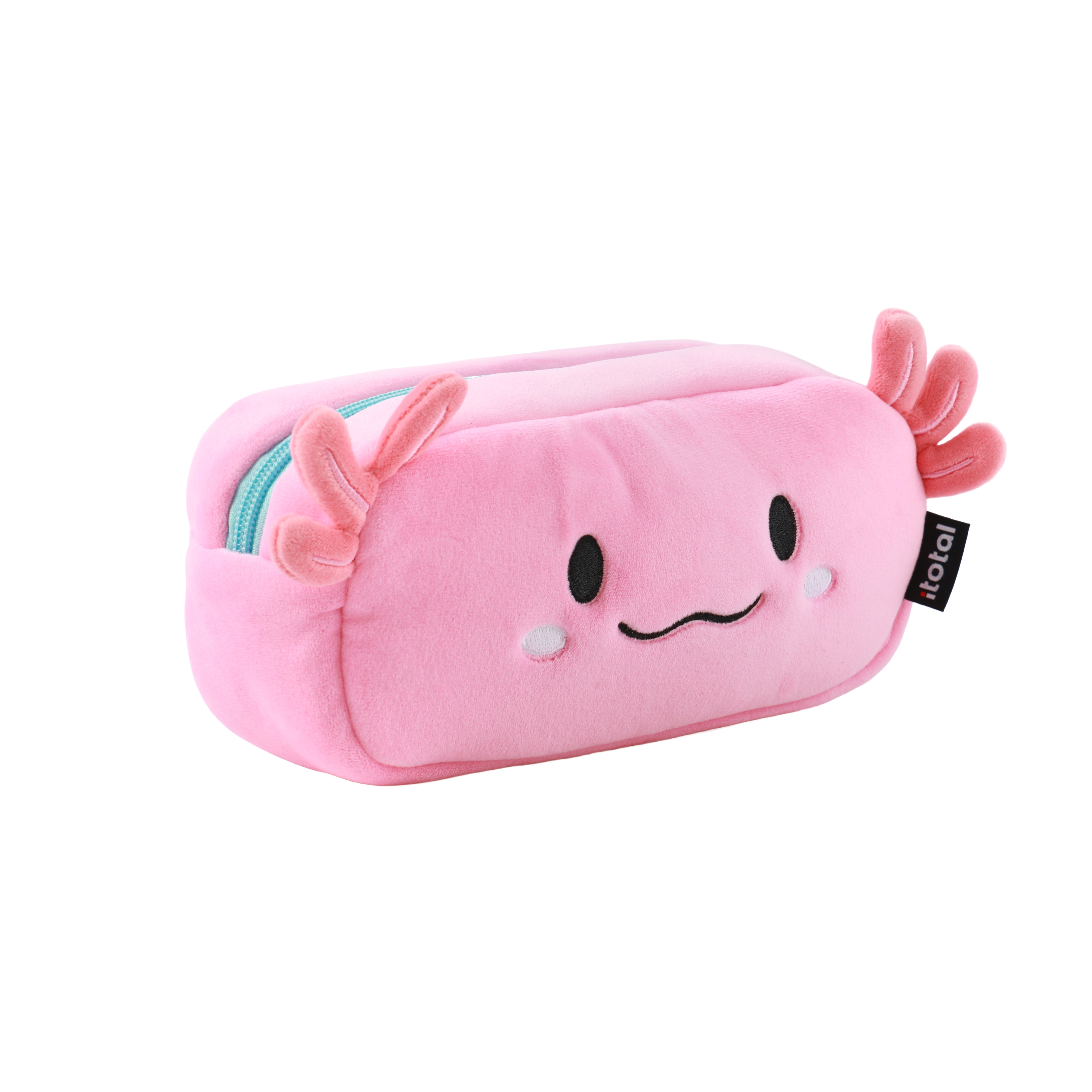 i-Total Federmäppchen, rosa Plüsch, Axolotl-Design, weiches Material, Etui für Schreibwaren, Seitenansicht.
