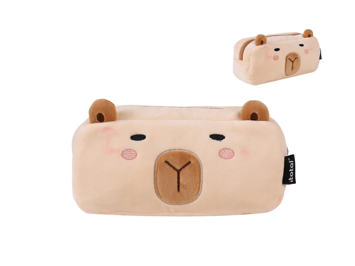 i-Total Federmäppchen, beige-brauner Plüsch, Capybara-Design, weiches Material, Etui für Schreibwaren, niedliches Schulzubehör.