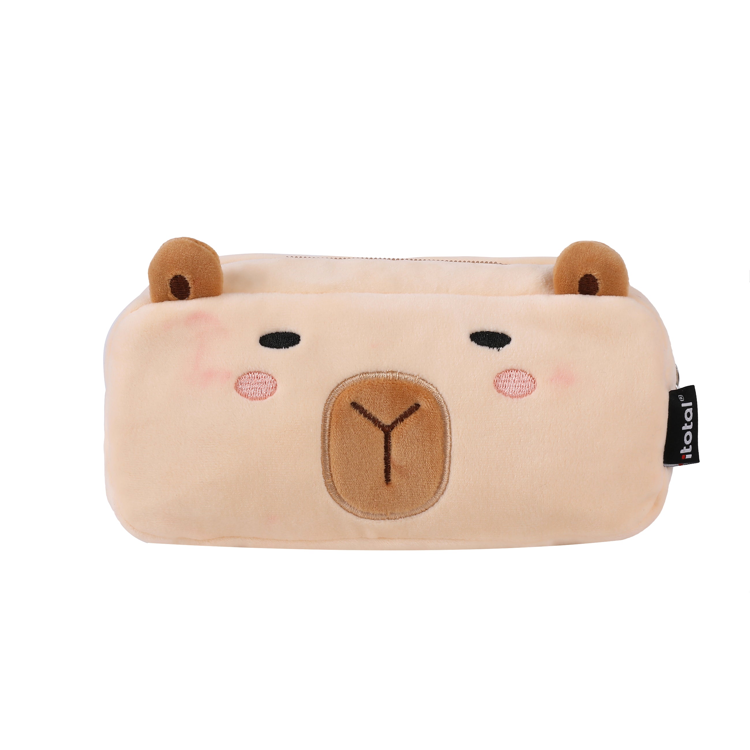 i-Total Federmäppchen, beige-brauner Plüsch, Capybara-Design, weiches Material, Etui für Schreibwaren, Frontansicht.